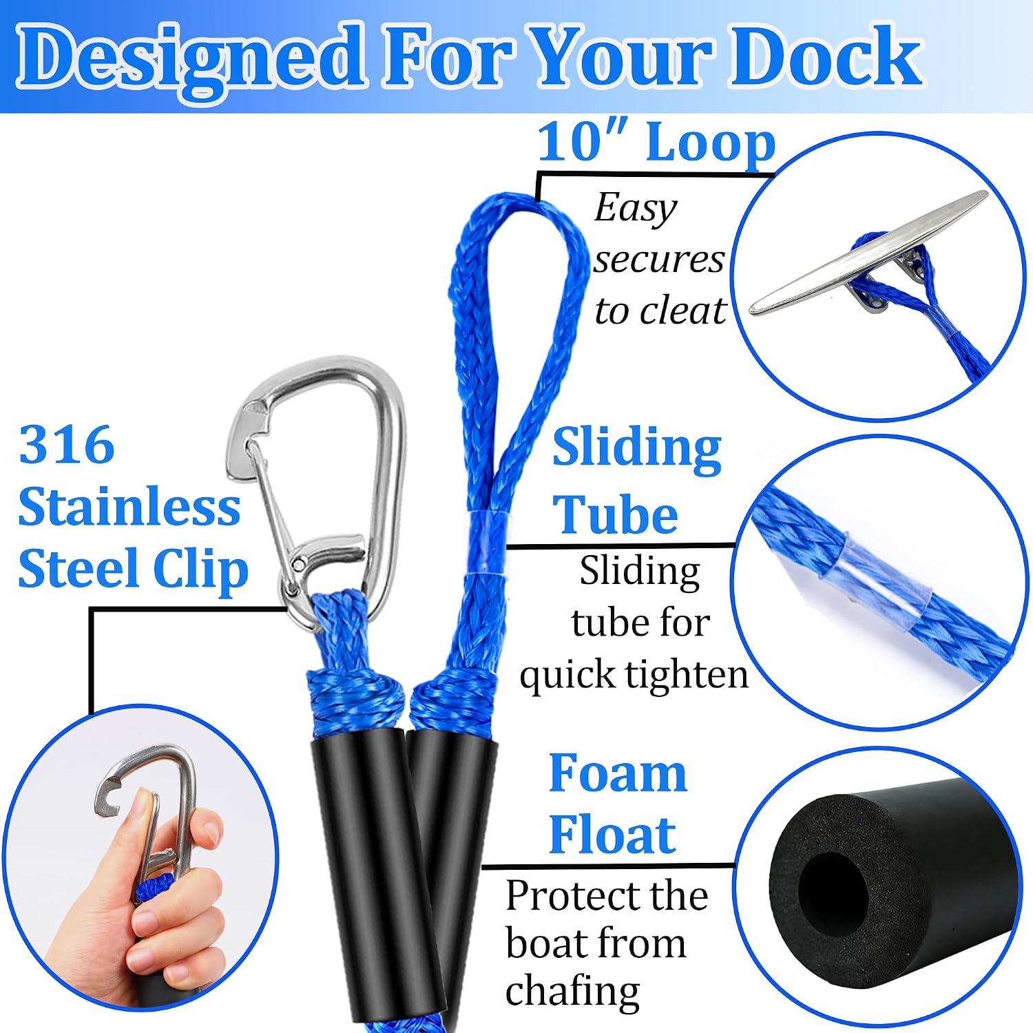 Boat Dock Lines - 4 Feet Shock Absorber Mooring Ropes with 316 Stainless Steel Clip,Boating Docking Ties,Boat Accessories for SeaDoo/Waverunner, Kayak, Pontoon(2-Pack) (Blue with Clip)