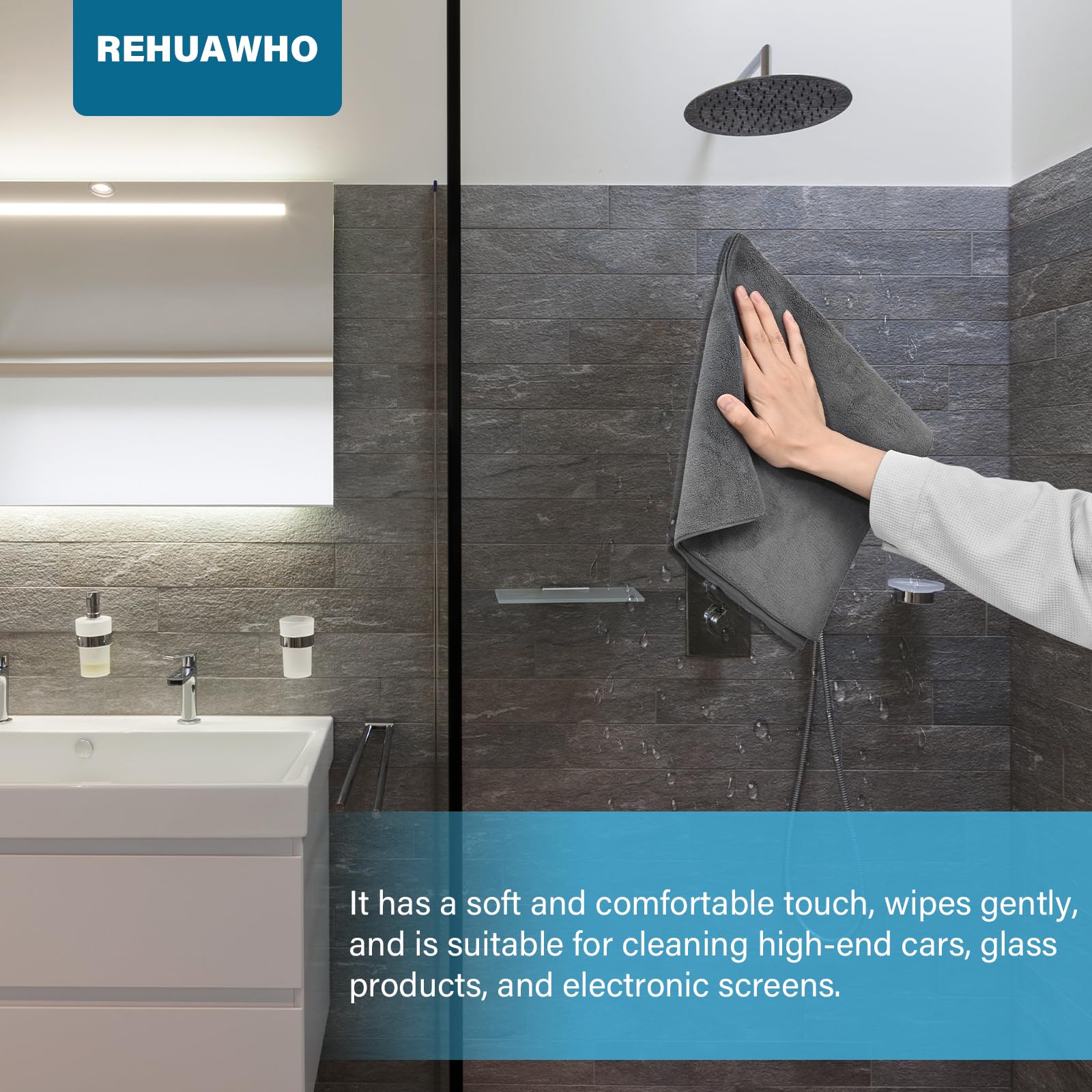 REHUAWHO Double Sided Wipes Shower Cleaning Cloths Original, Drying Towel for Glass, Premium Microfiber Towel for Kitchen, Car, Household, Camping - 3 Pack Grey