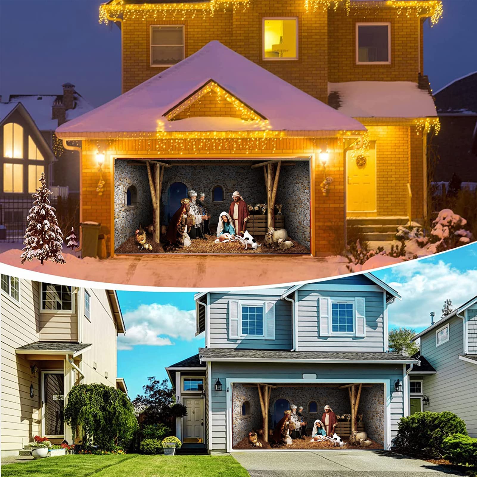 Kerst Garagedeur Banner Cover - 7x8 Ft Feestelijke Buiten Decoratie Rood Wit Sneeuwvlokken