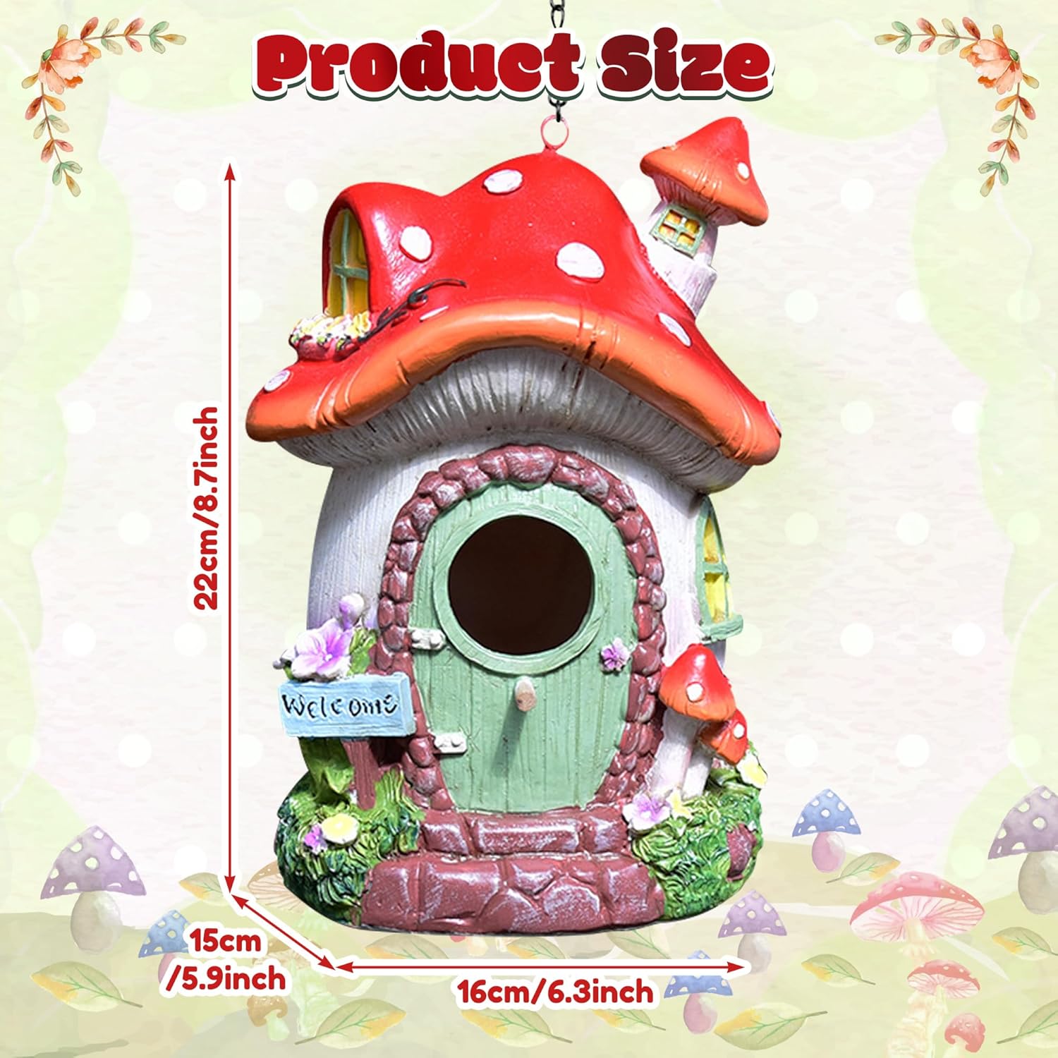 Mushroom Resin Hanging Bird House - Outdoors Waterproof Birdhouses, Charming Decoration for Garden Yard Patio Balcony, Unique Creative Gifts for Outside Ornamental & Bird Lovers