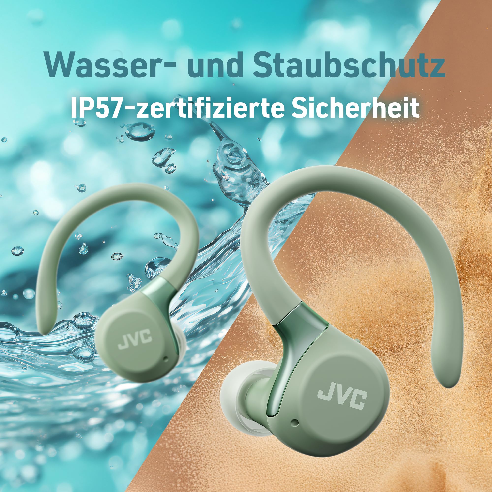 Fitness Series True Wireless Sport-Kopfhörer mit verstellbaren Bügeln, Active Noise Cancelling, Umgebungsmodus, IP57, 40 Std. Akkulaufzeit, App-EQ, geringe Latenz, Mikrofon – JVC HA-EC75T-G Grün