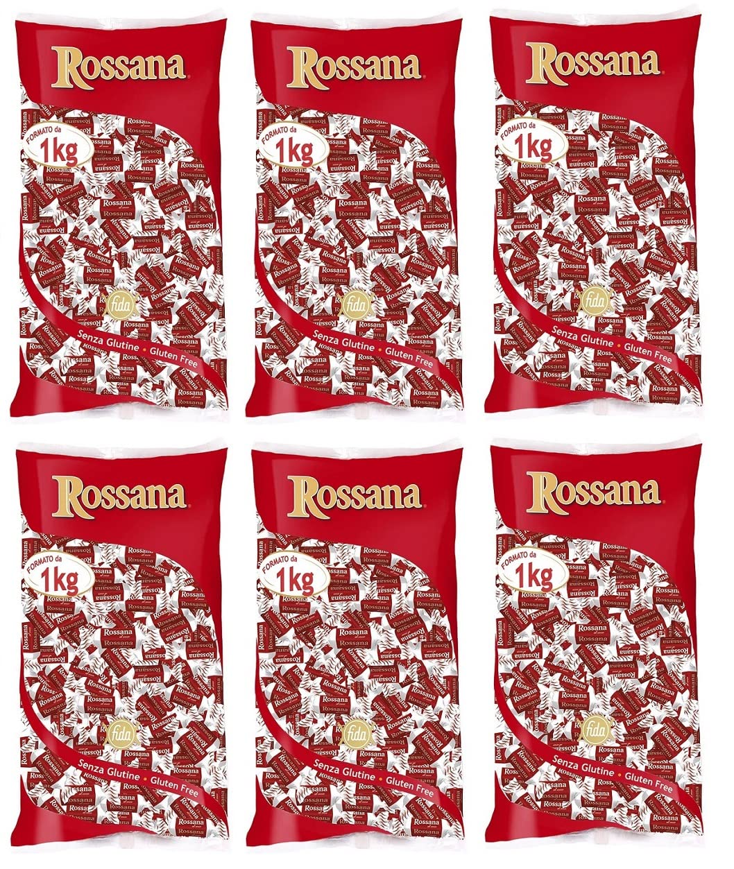 6 caramelos duros Rossana al Cocco Caramelle Candies con relleno cremoso a base de leche y coco, sin gluten, 1 kg de bolsa + italiano Gourmet Polpa di Pomodoro 400 g en lata