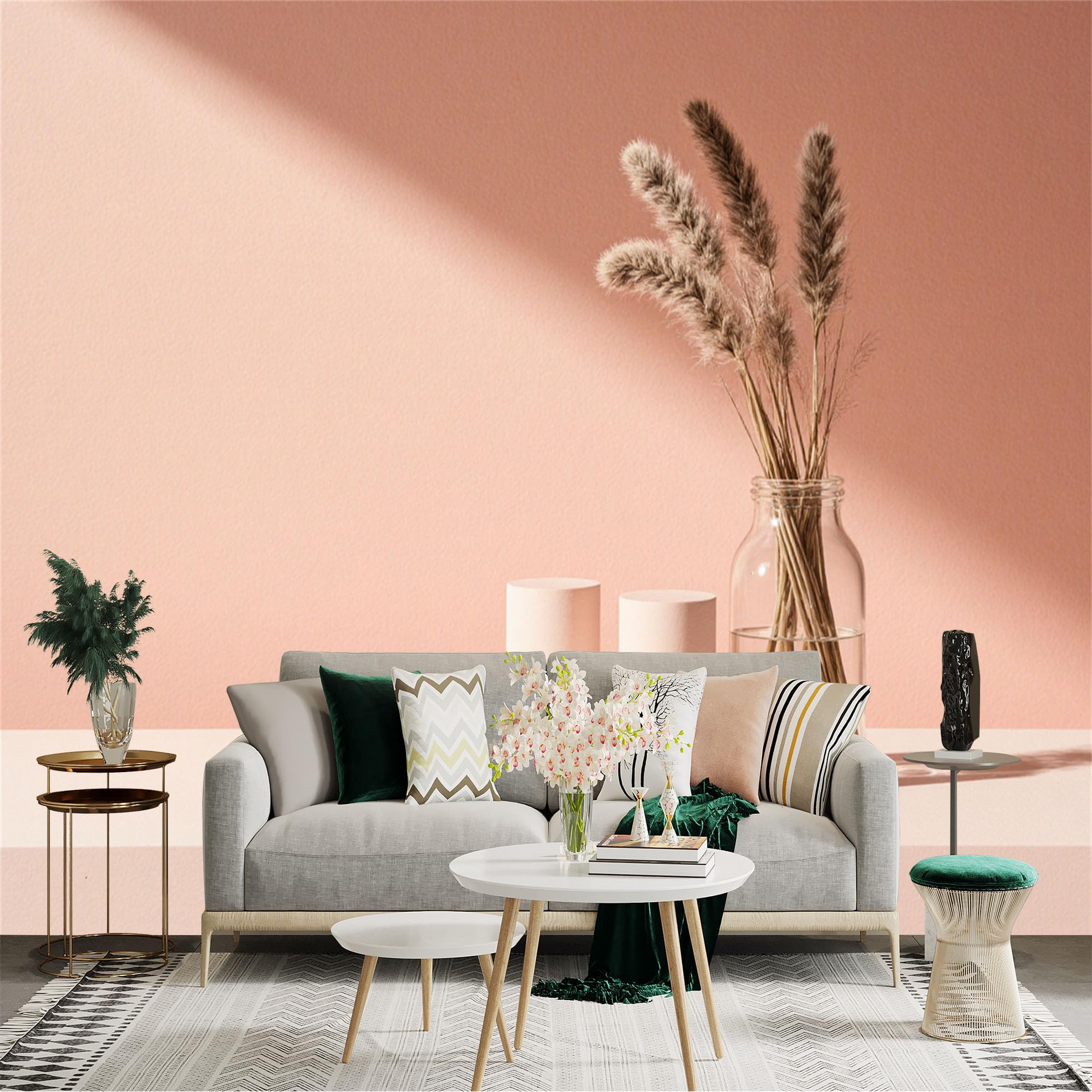 Custom Size Wall Sticker Mural， Minimalist Soft Pink Aesthetic， Dried Pampas Grass in Glass Vase， Abstract Cylindrical Display Podiums， for wall Decoration， peelandstick wall Decals.