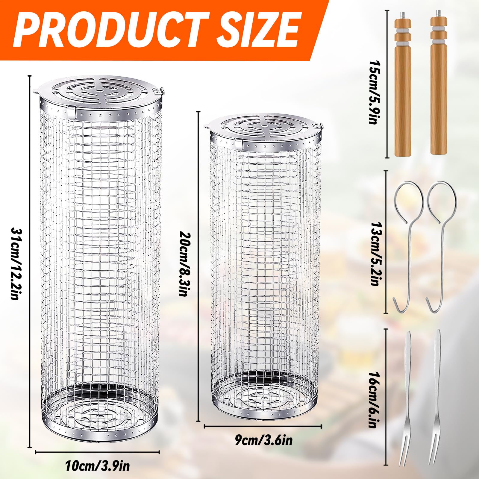 2PCS Cestini per Grigliare,Cestello per Griglia Rotante con Maniglia di Legno,Cestino per Barbecue Acciaio Inox,Accessori Barbecue per all'aperto,Cestello per barbecue all'aperto per verdure