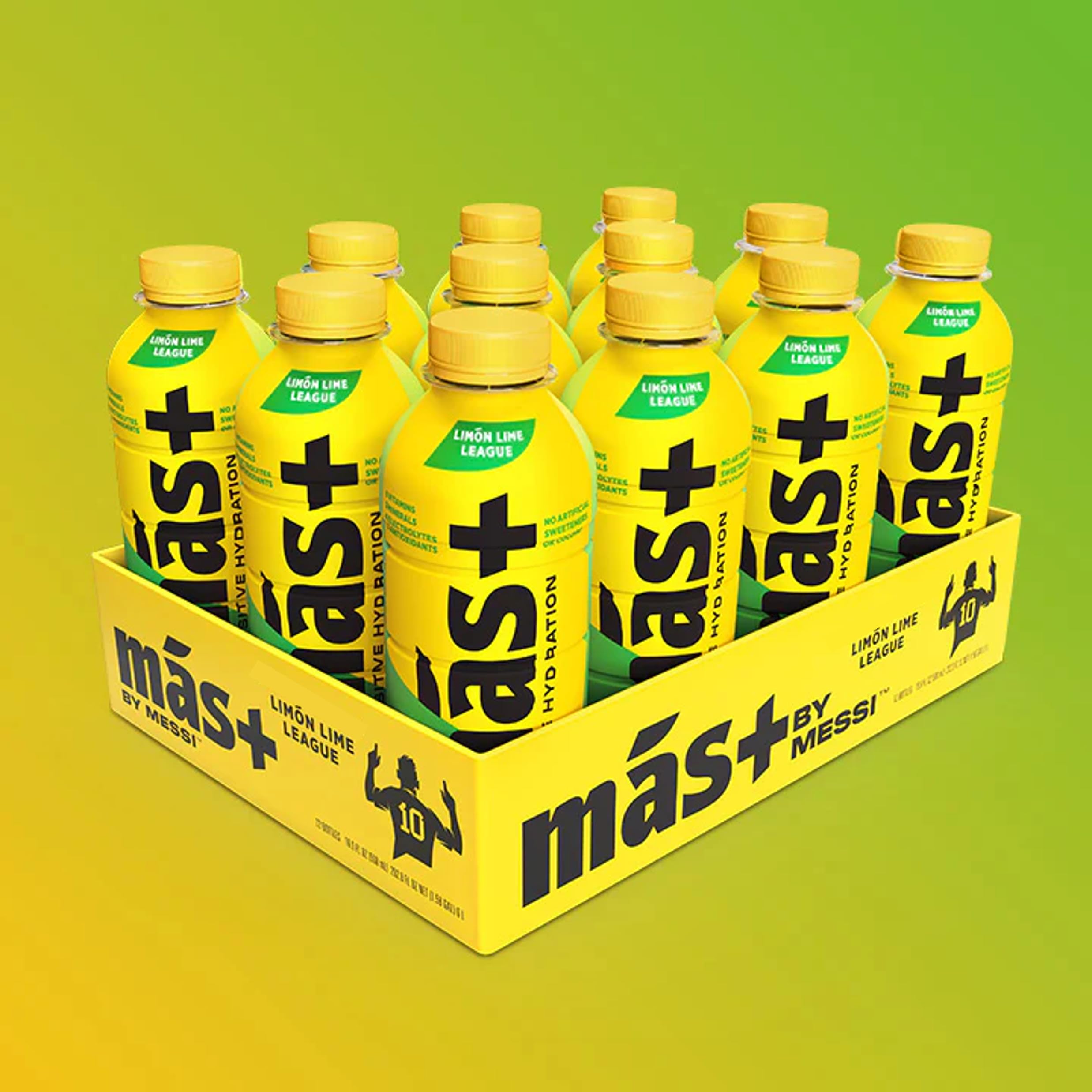 MAS+ BY MESSI - Lima Limón Pack 12 Un – Caja de 12 Botellas de 500 ml – Bebida Hidratante con Vitaminas, Minerales y Antioxidantes – Refrescante Sabor Cítrico – Solo 10 Calorías