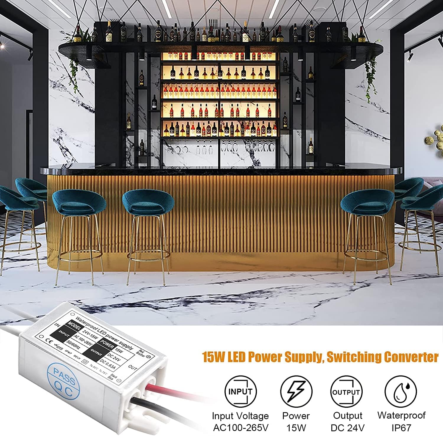 24V LED Power Supply - Lustaled Waterproof IP67 15W 24 Volt DC Transformer 120V AC to 24V DC Constant Voltage Outdoor LED Driver Converter for LED Strip Lights CCTV Camera Security System (2-Pack)