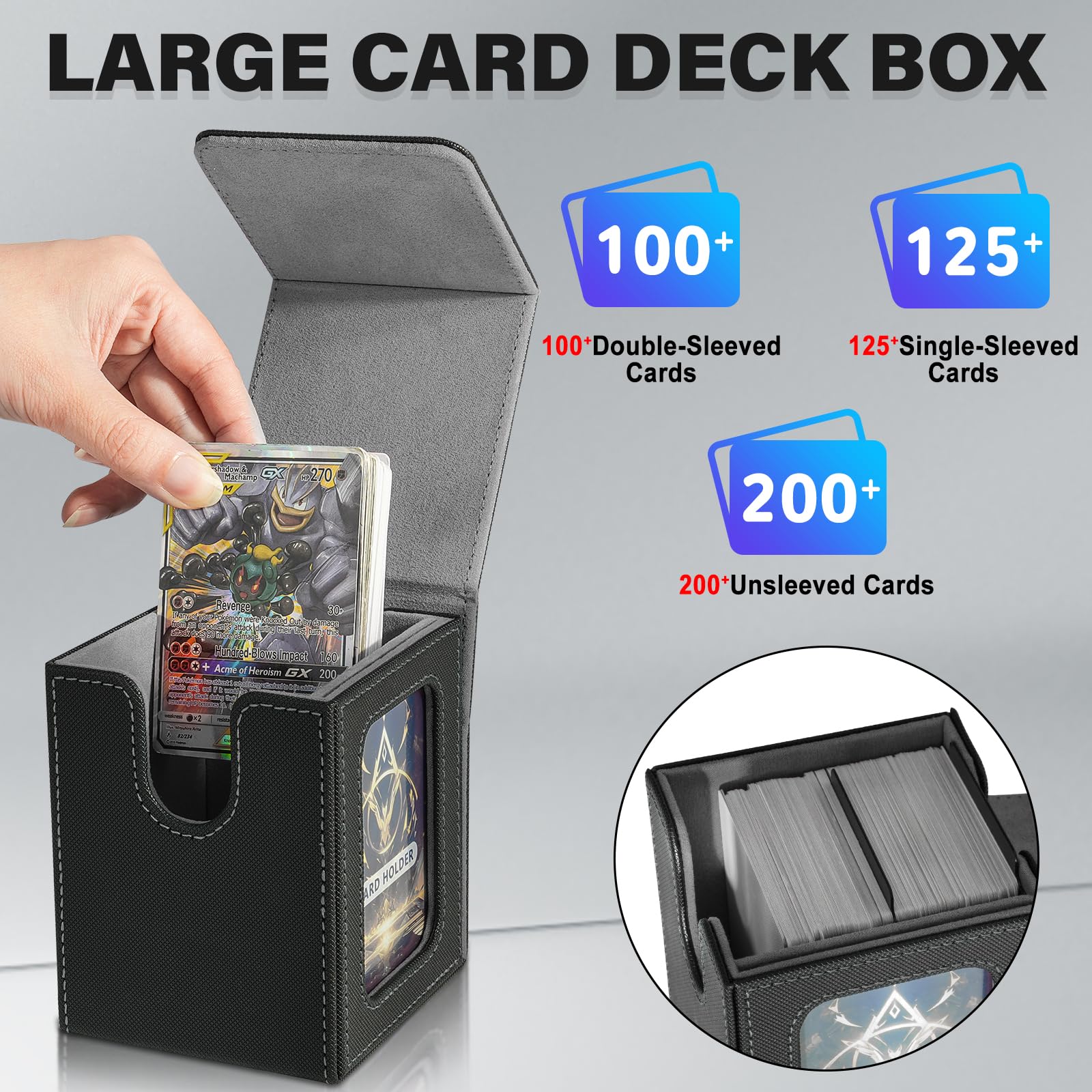 Jaffzora Card Deck Box for MTG Commander Magnetic Flip-Cover Case, Holds 100 Double-Sleeved Cards, 3.2x3.54x4.4 inches, Black & Grey - Image 4