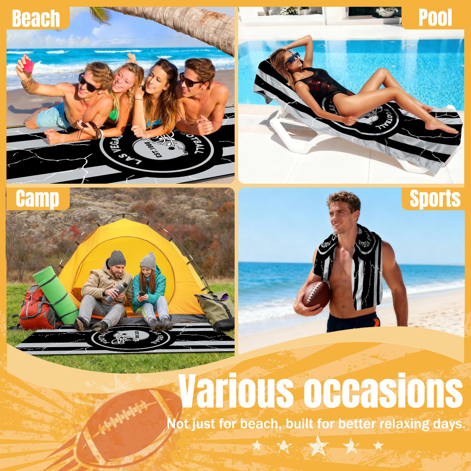 Football Fan Thin Lightweight Microfiber Beach Towel Las Vegas City Themed Large Absorbent Oversized Towels Men Women Stuff Raiders Team Dad Husband Guy Him Birthday Anniversary Cool Useful Nice Gift