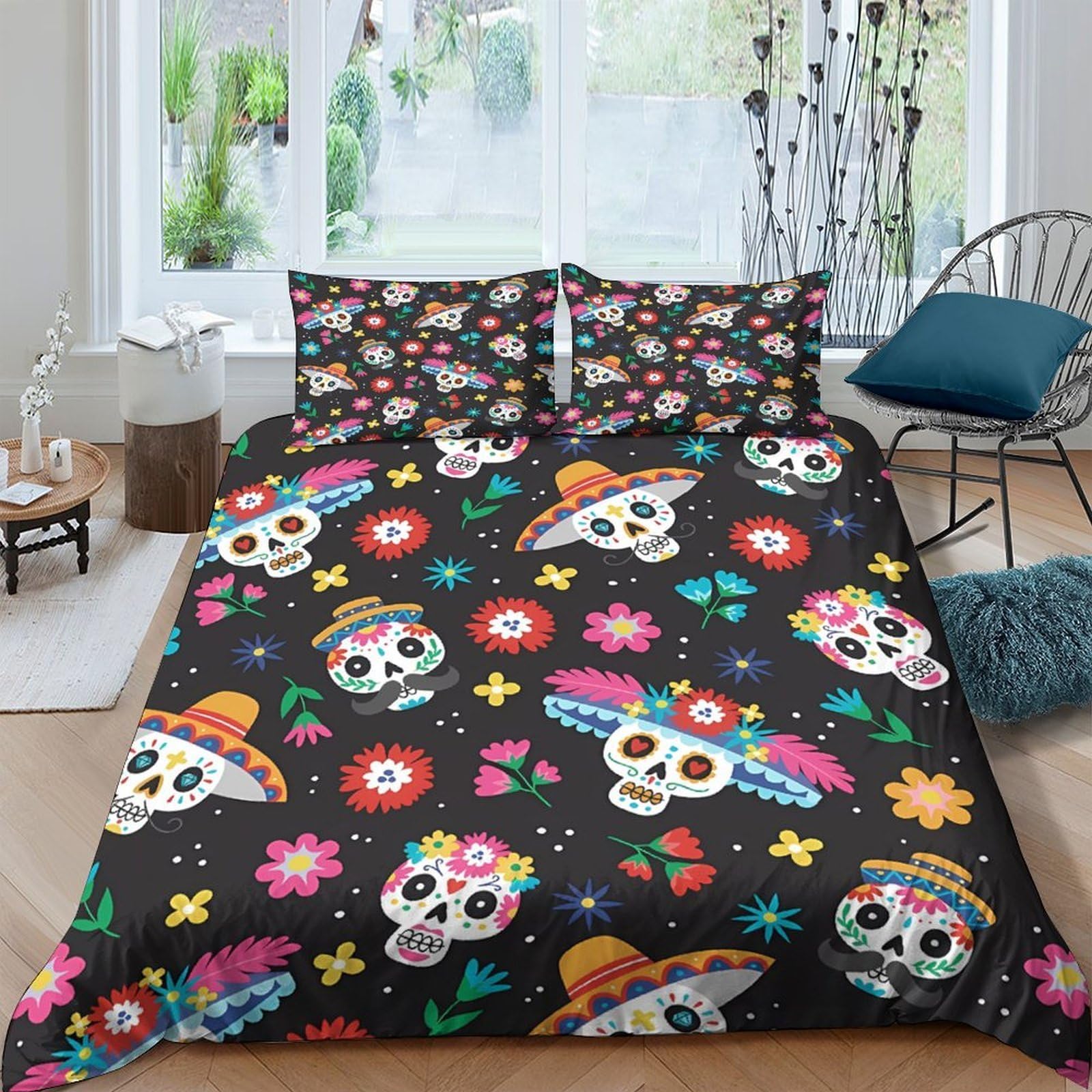 Ctjqhvkz Style-2 3D Printed Colorful Sugar Skull Fitted Sheet Microfiber Soft Black Floral Bed Cover For Bedroom Guest Room Decor Single（135X200cm）