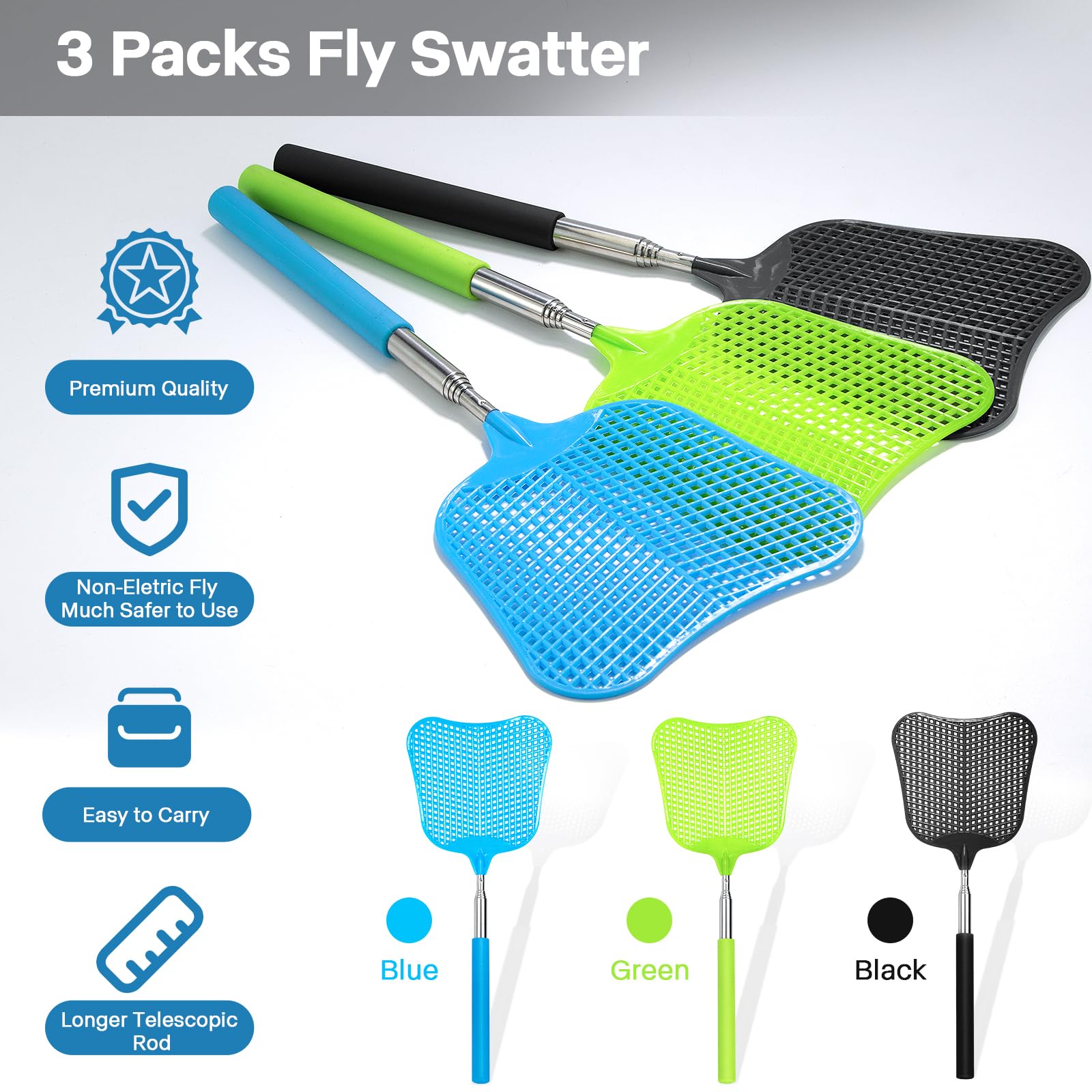 Telescopic Fly Swatter - 3 Pack for Indoor & Outdoor Pest Control -2