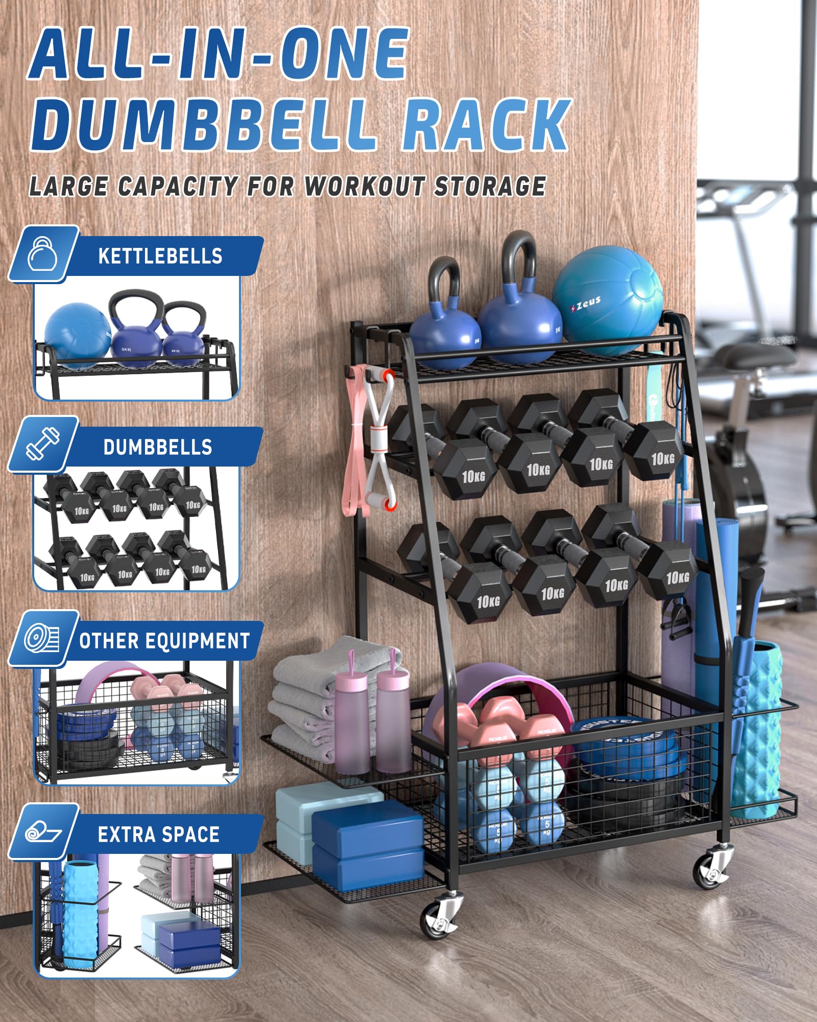 Staransun Staransun Dumbbell Rack Stand - Weight Rack for Dumbbells - Home Gym Storage Rack with 4 Flexible Wheels - Weight Rack for Home Gym with Side Storage and Hooks