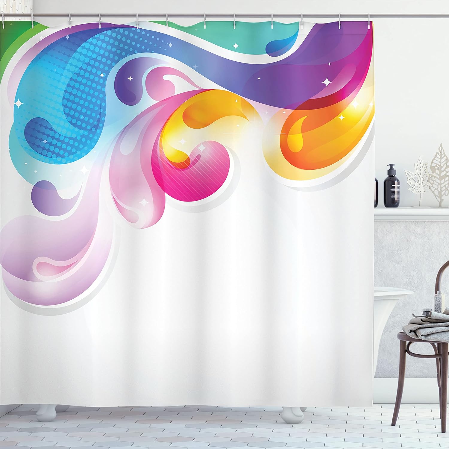 Ambesonne Colorful Shower Curtain, Abstract Splash Drops with Computer Digital Concept Paintbrush Watercolor Effect, Cloth Fabric Bathroom Decor Set with Hooks, 69" W x 70" L, Multicolor