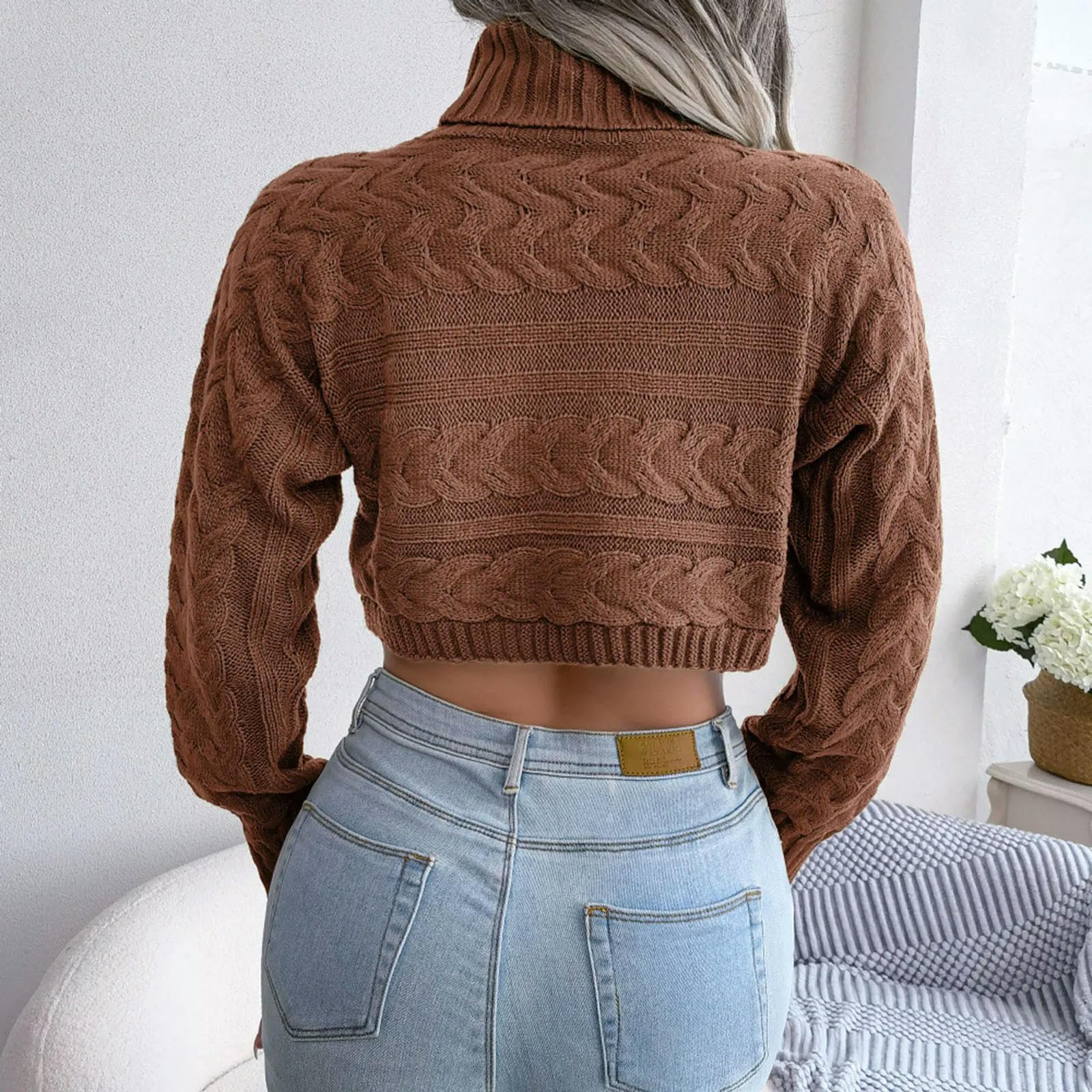 TEidea Pullover Damen Damenpullover Rollkragenpullover Langärmelig Gestrickter Kurzpullover Für Frauen-EIN Grüner-M