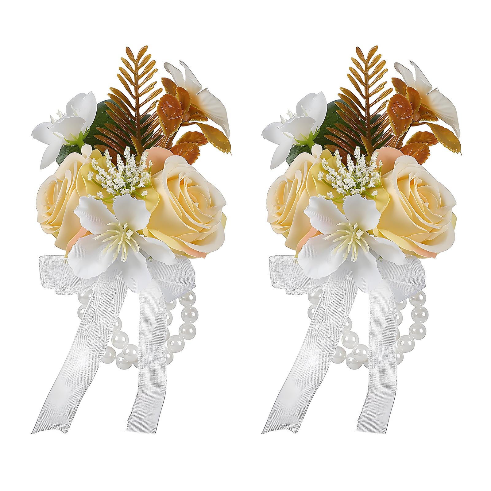 NEWFT Delicate Pearls Chain Wristlet Beautiful Silk Wrist Corsage With Duals Pearls For Formal Event And Celebration