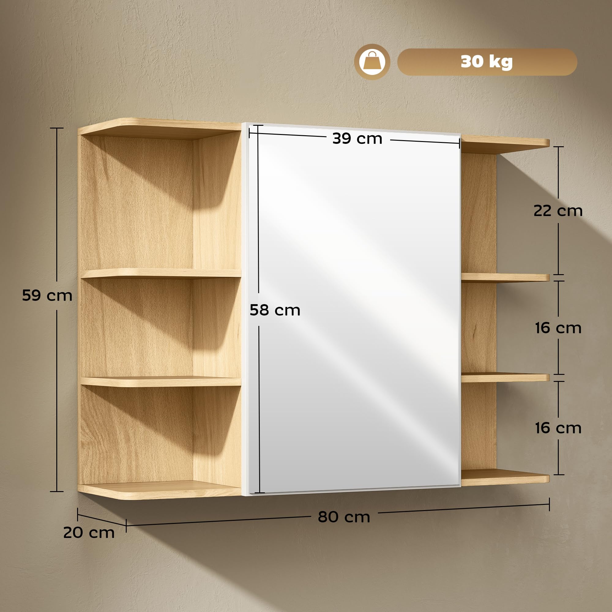 HOMCOM Armoire Murale Salle de Bain avec Miroir, Meuble Salle de Bain, Armoire de Toilette avec étagères Ouvertes, Miroir avec Rangement, 80 x 20 x 59 cm, Effet Bois Naturel
