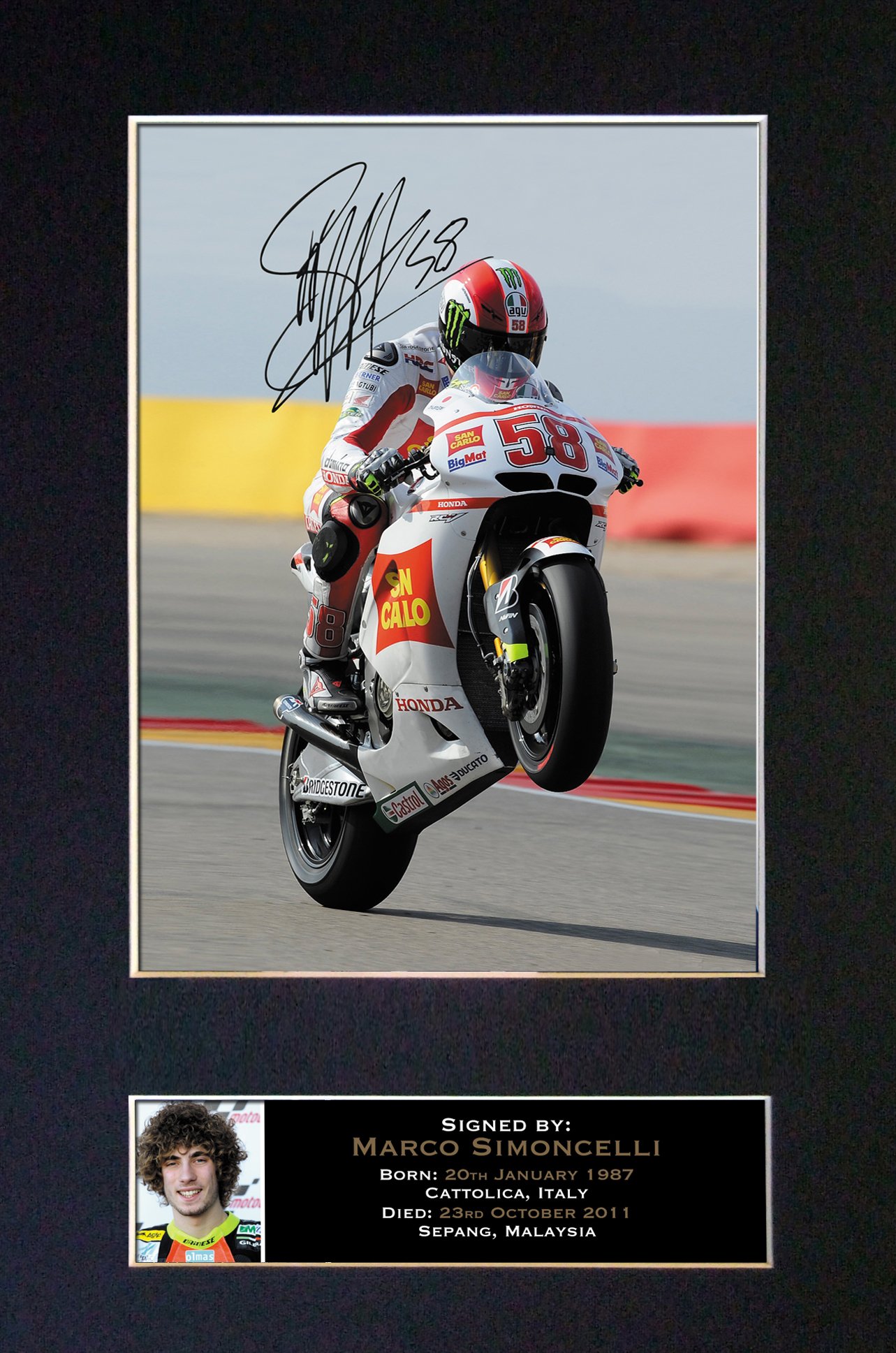 The Autograph Collector Gold,Black Marco Simoncelli Signed Autograph Mounted Photo Reproduction Print A4 Rare (297 X 210Mm) #35 (Mount & Print (Not Framed))