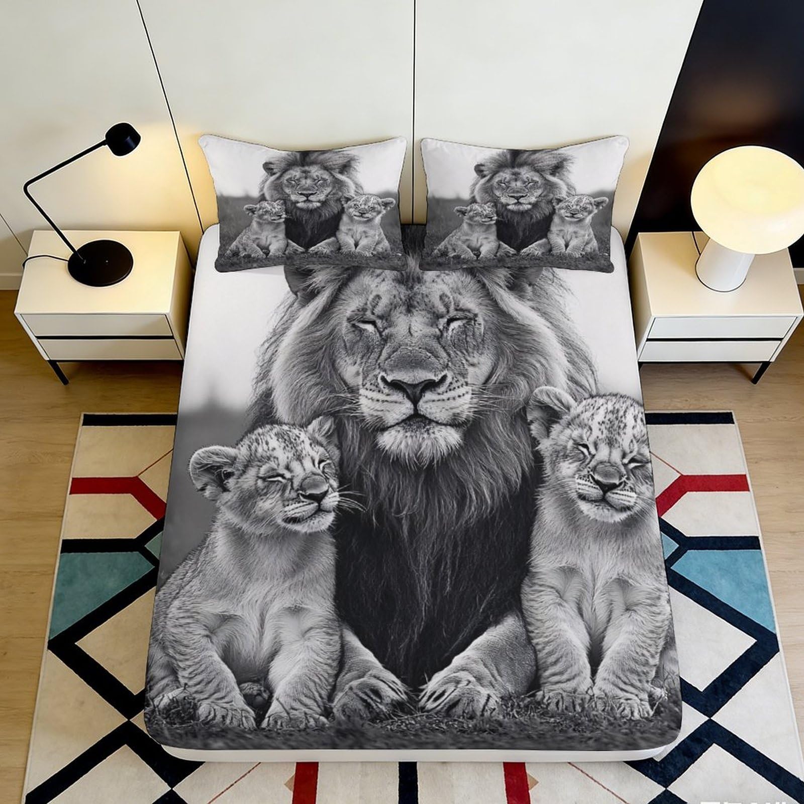 Uxinyoume Style-9 3D Printed Lion Family Fitted Sheet Microfiber Soft Breathable Wild Animal Bed Cover For Bedroom Dorm Decor 90X200x25cm