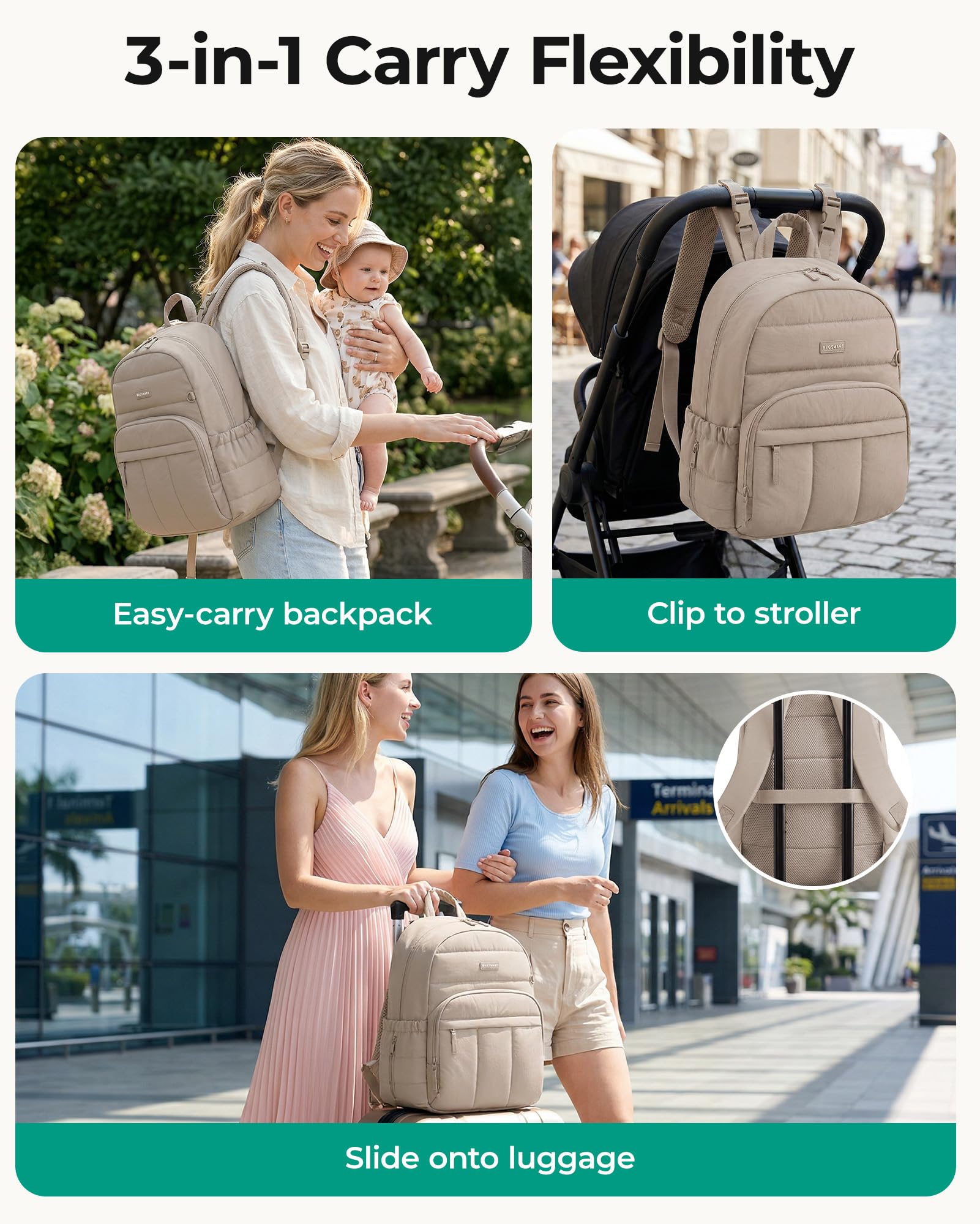 BAGSMART Diaper Bag Backpack, Multi-Pocket Puffy Diaper Bag with Waterproof Changing Pad, Lightweight Stroller-Friendly Diaper Bag with Insulated Pockets, Easy-Access Baby Essential, Camel - 5