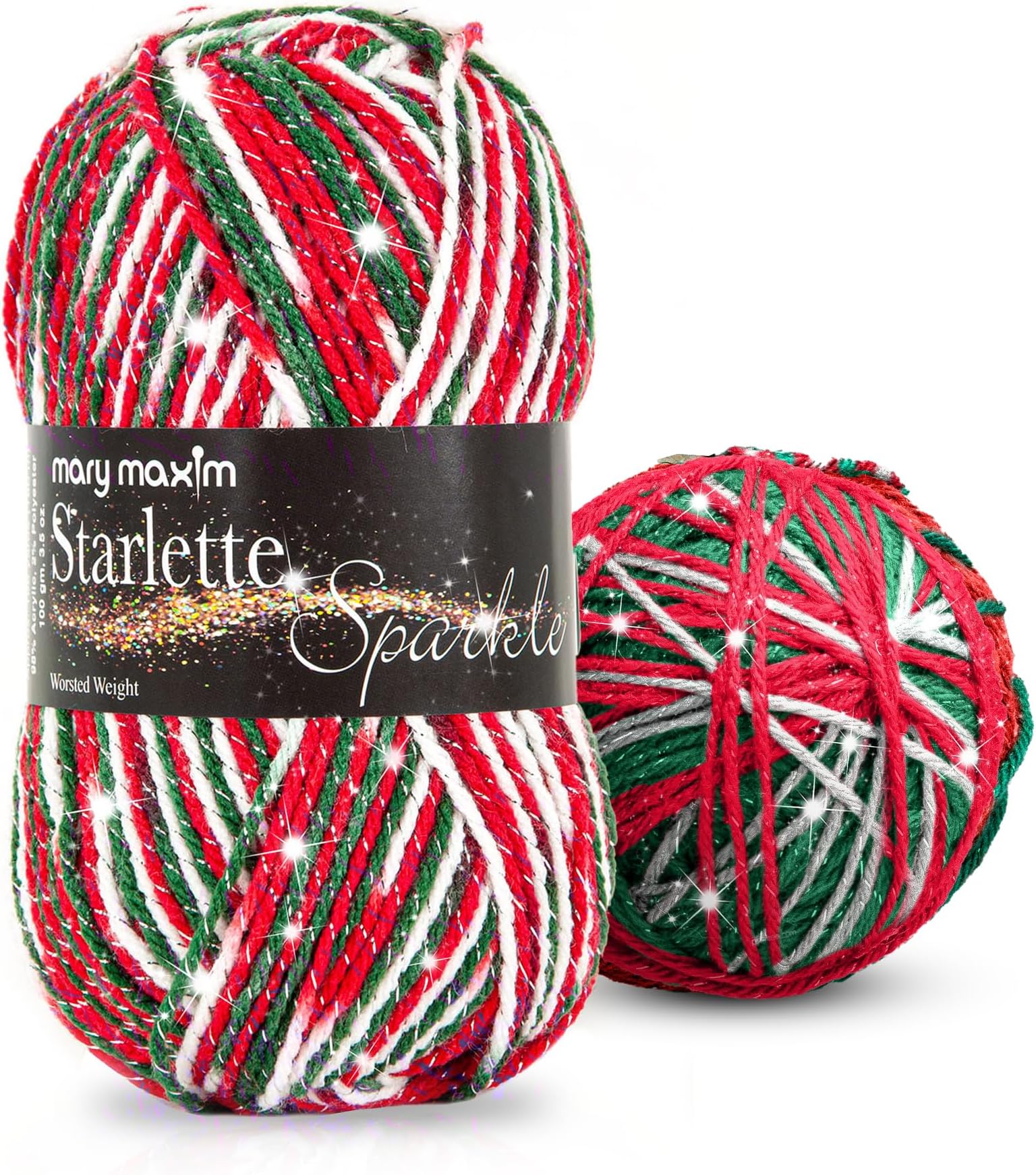 Mary Maxim Starlette Sparkle Yarn, Medium Worsted Weight Yarn for Knitting and Crocheting, Acrylic Polyester Blend for Blankets, Clothing, and Decor, 196 Yards Christmas