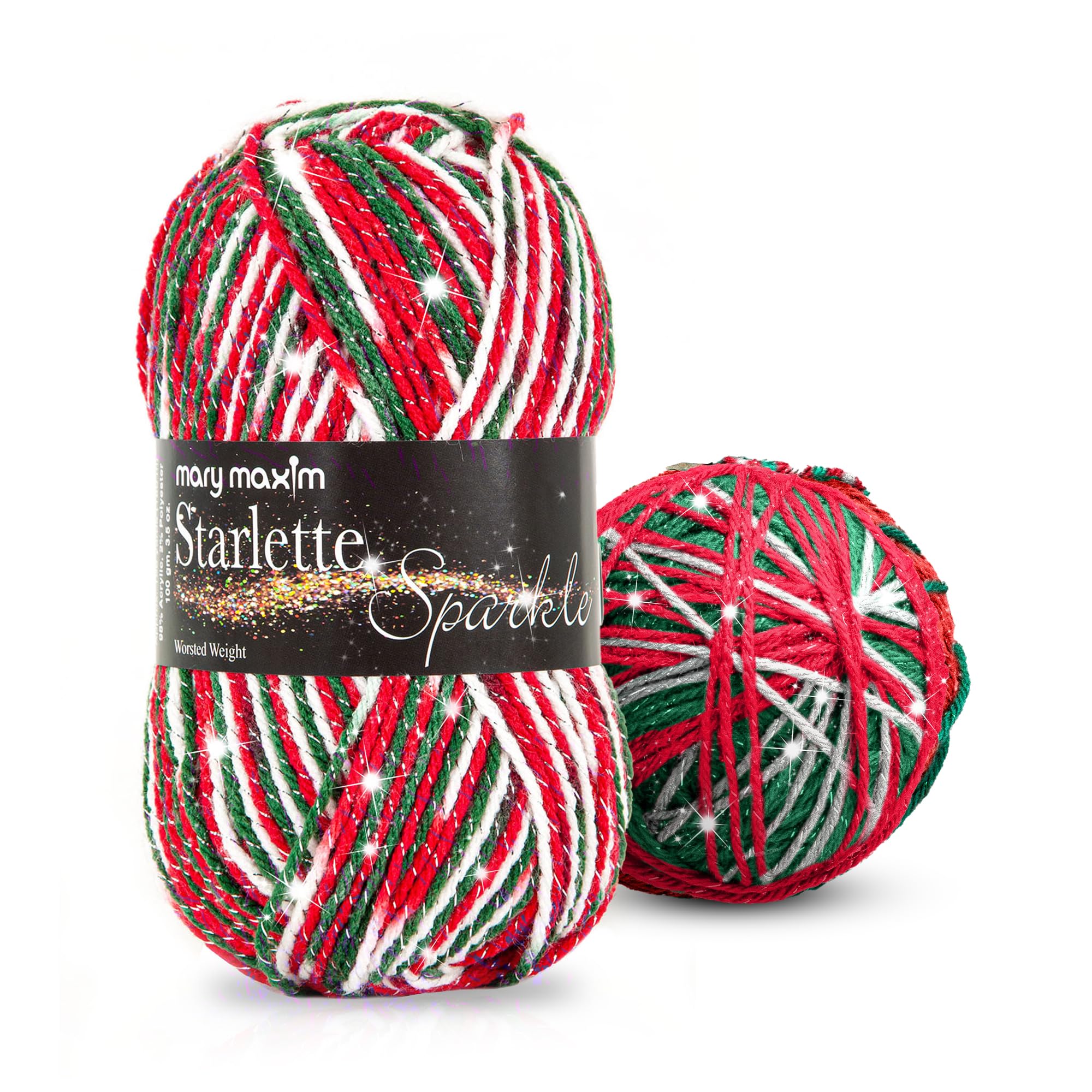Mary Maxim Starlette Sparkle Yarn, 4 Medium Worsted Weight Yarn for Knitting and Crocheting, Acrylic Polyester Blend for Blankets, Clothing, and Decor, 196 Yards Christmas