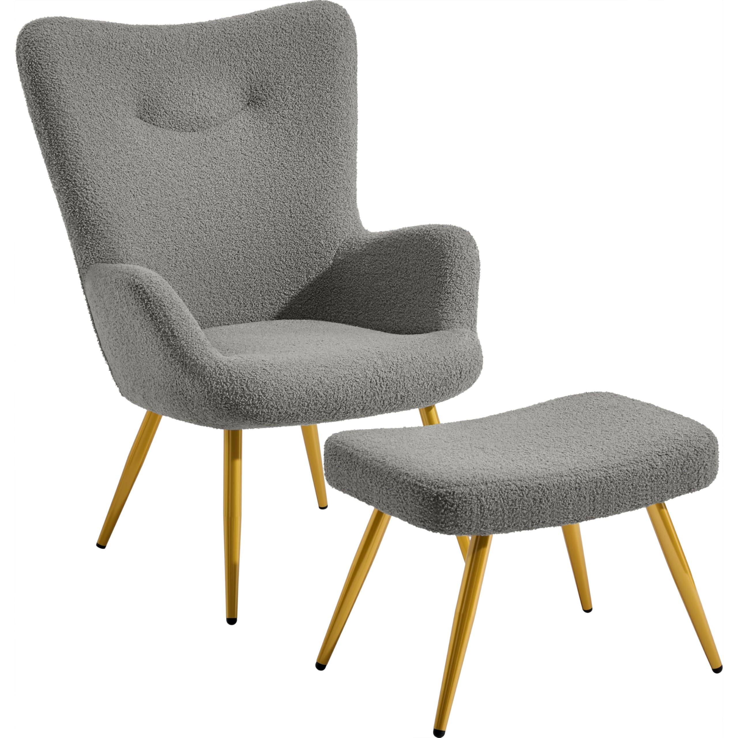 Yaheetech Boucle Armchair, Sherpa Fuzzy Tub Chair, Lounge Chair with High Back and Ottoman Footstool for Living Room, Bedroom, Study, Dark Gray