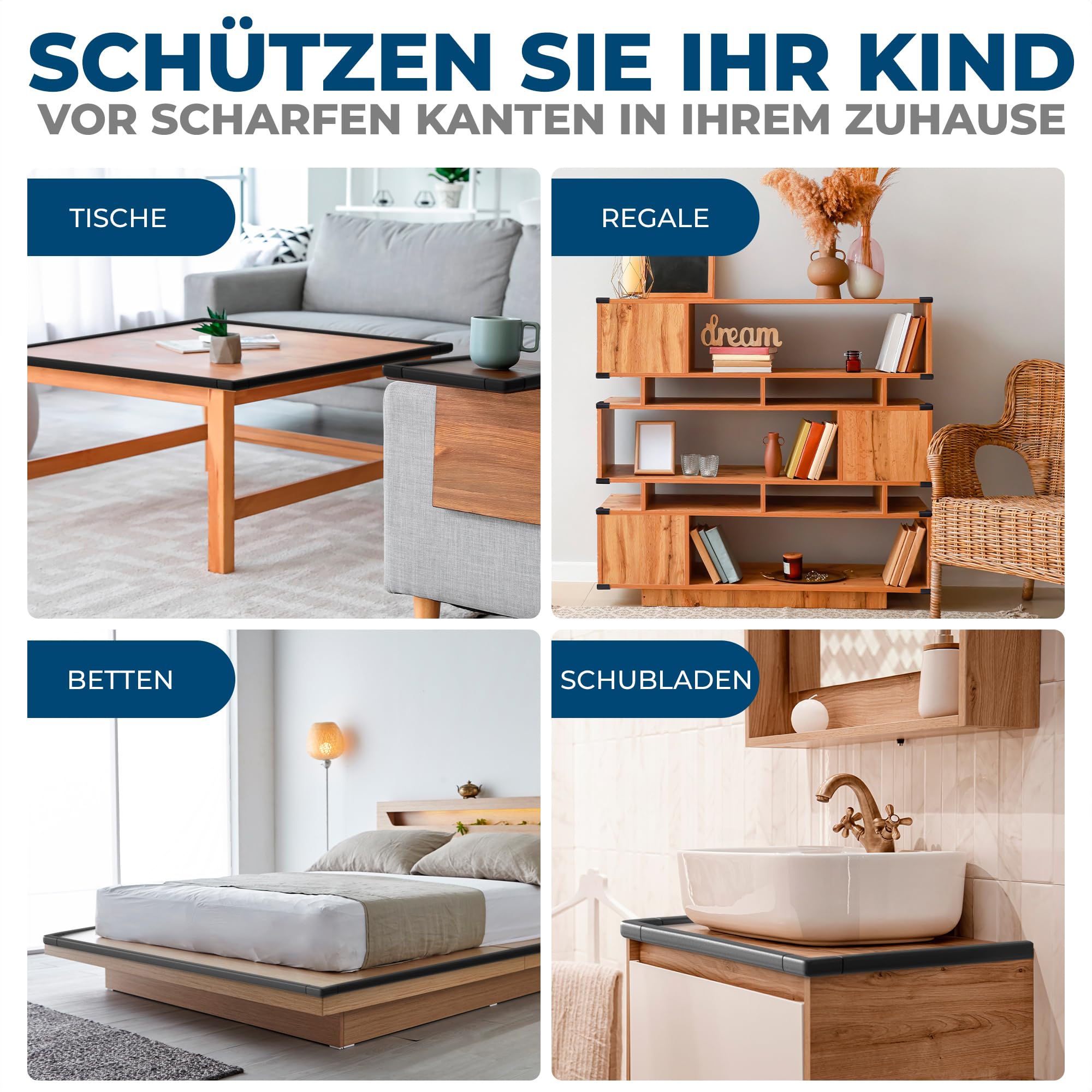 Hoffenbach Kantenschutz Baby aus Schaumstoff – 6,2m Tischkantenschutz & 12x Eckenschutz – Tischecken Kindersicherung – Selbstklebender Schutz für Kinder, Bett, Fensterbank & Schreibtisch – Schwarz