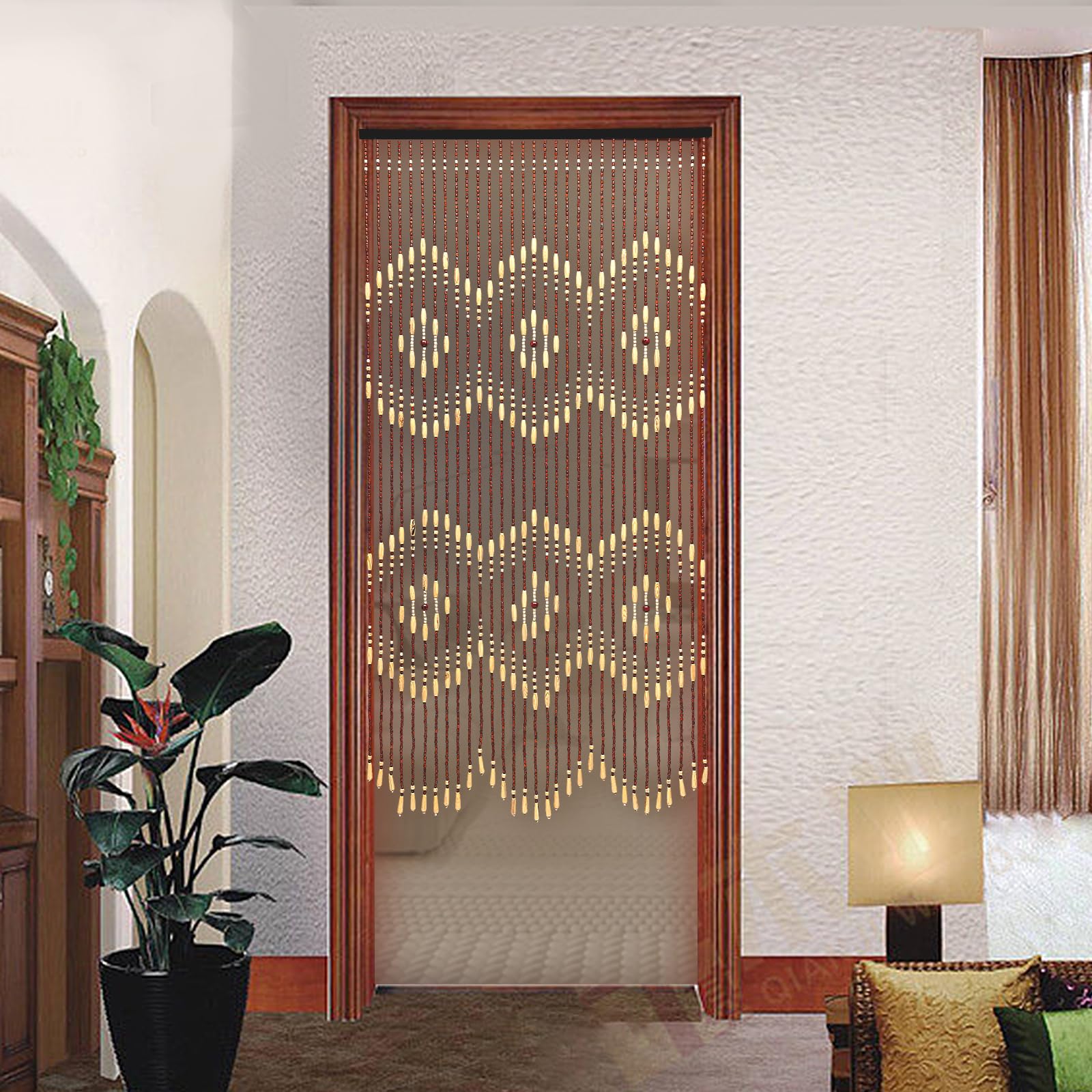 Rideau de porte en perles - Rideau à perles en bambou et perles en bois - 90 x 175 cm (l x H) - Convient pour fenêtre, maison, chambre à coucher - Beige