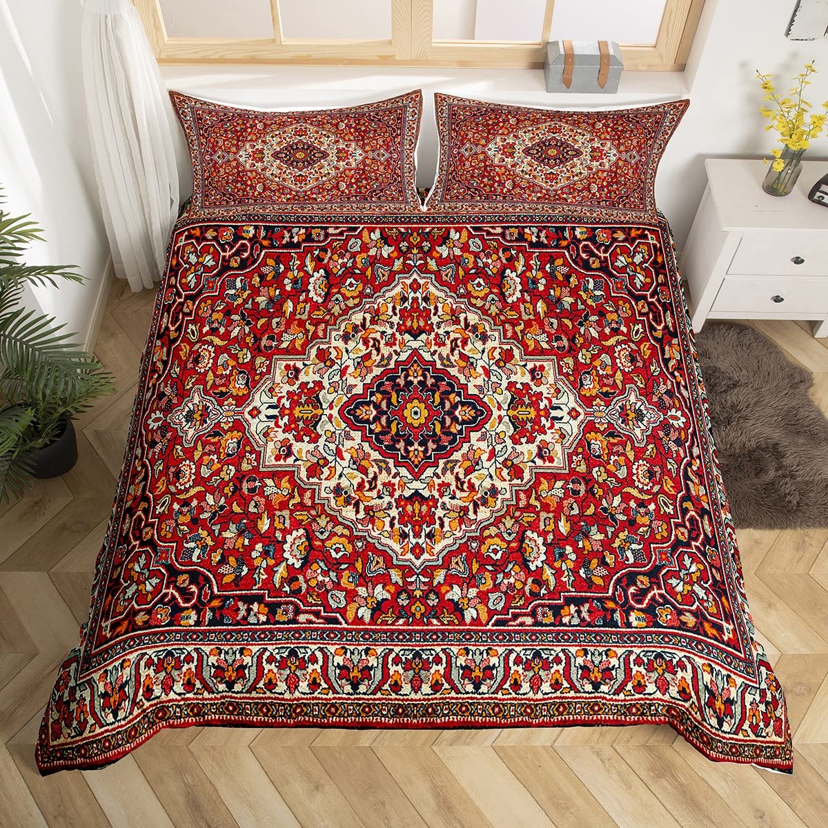 Homewish Oriental Duvet Cover Single Vintage Bedding Set Floral Comforter Cover Boho Tribal Bed Set Traditional Aesthetic Bedding Hippie Paisley Man Ala Decor Red 2Pcs With Zipper Closure