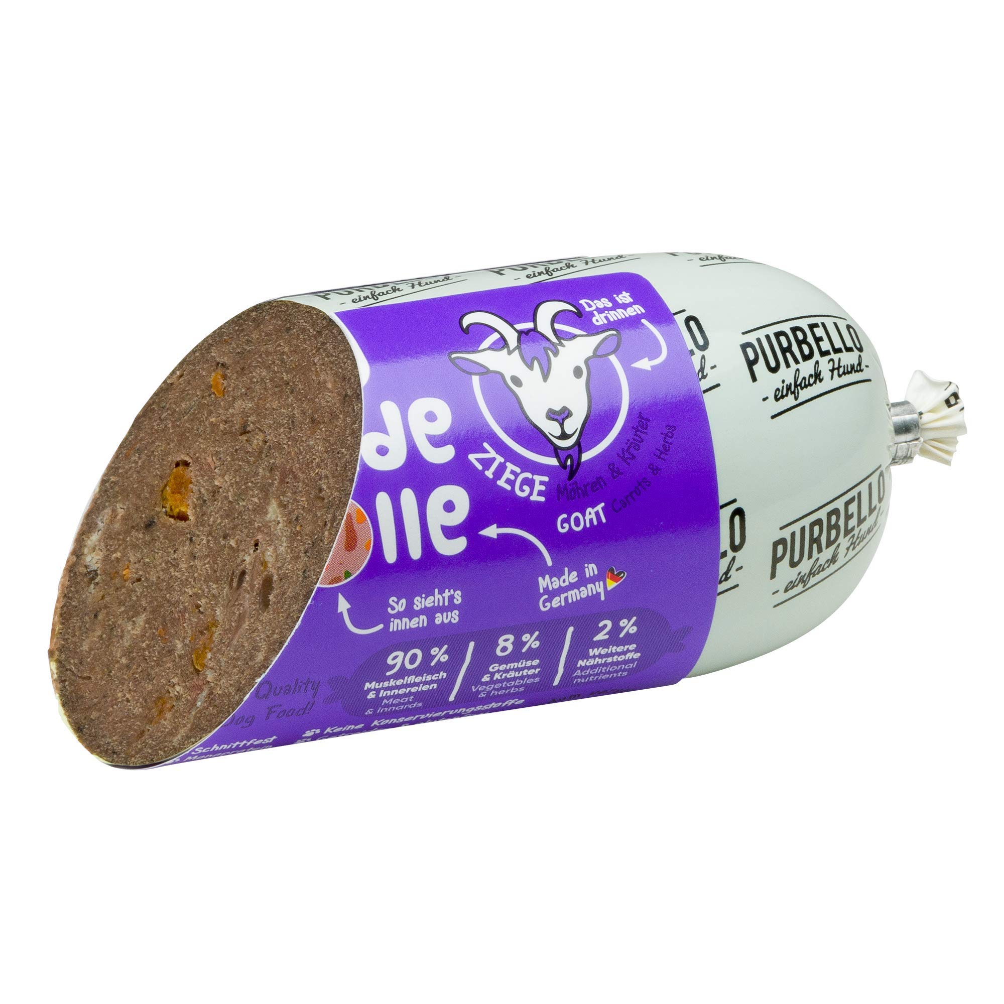 PURBELLO Hunde-Rolle Ziege mit Karotte & Kräutern - Monoprotein Hundefutter mit hohem Fleischanteil - Nassfutter für Hunde - Hundewurst schnittfest & getreidefrei - 8 x 200 g
