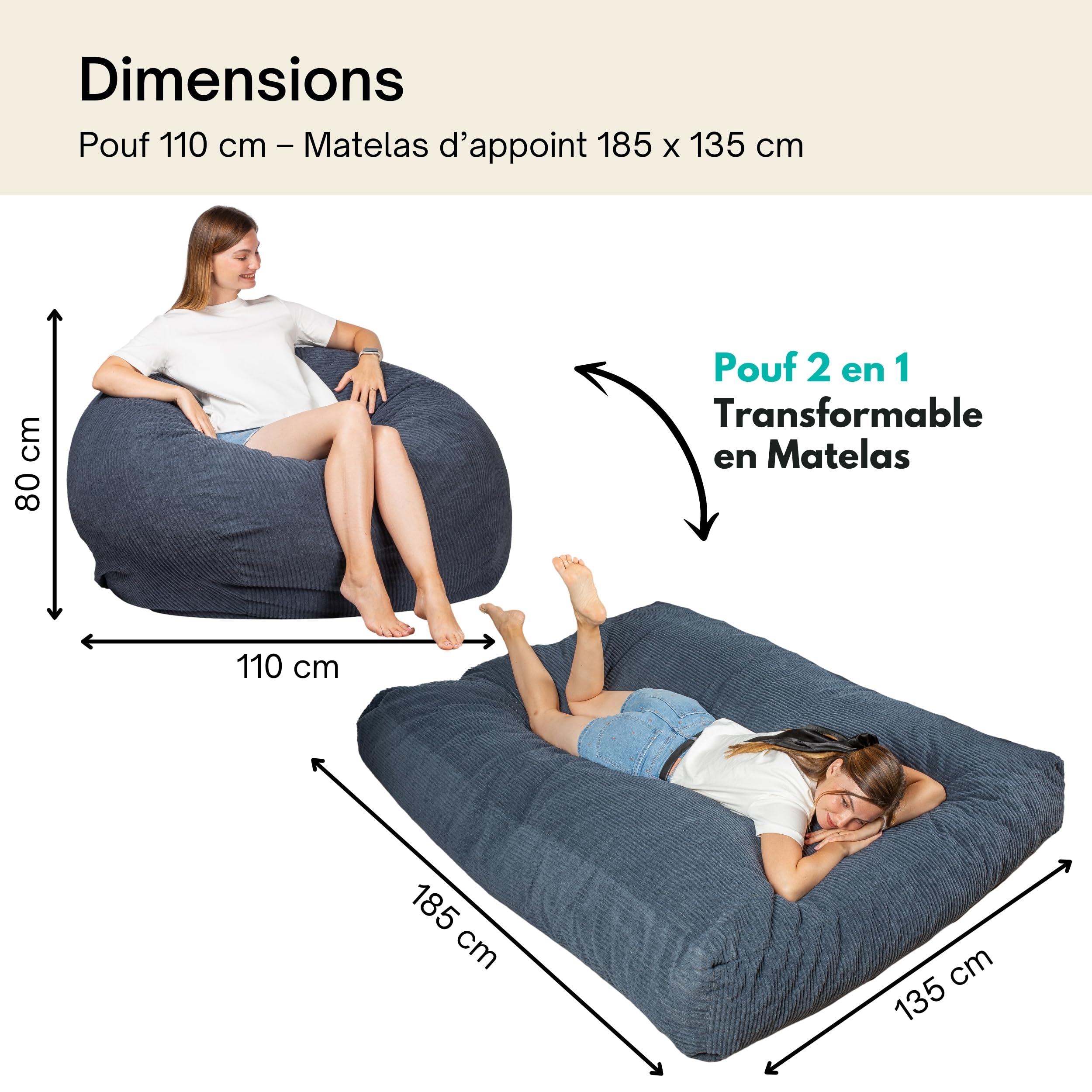 bananair - Pouf Lit Convertible en Velours Côtelé – Transformable en Matelas d’Appoint Ultra Confortable, Rembourrage en Mousse – Pouf Salon/Chambre Utilisable en Futon/Matelas de Sol (Bleu Nuit)