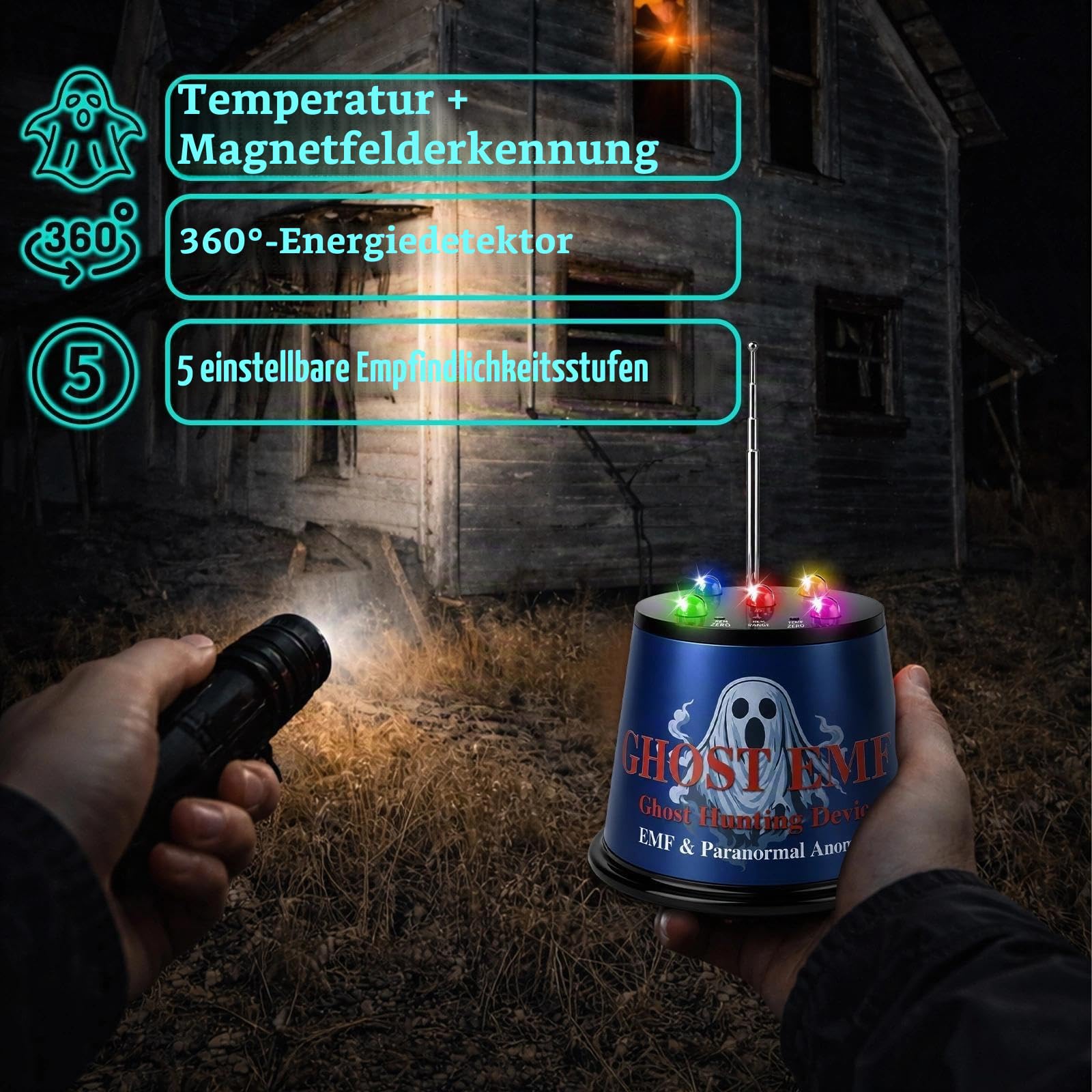 EMF-Detektor Geisterjagdausrüstung, paranormale Untersuchungsausrüstung mit 5-stufiger Empfindlichkeits- und Temperaturerkennung, REM-Pod für Geisterjäger, Erkundung und Geisterjagd (blau)