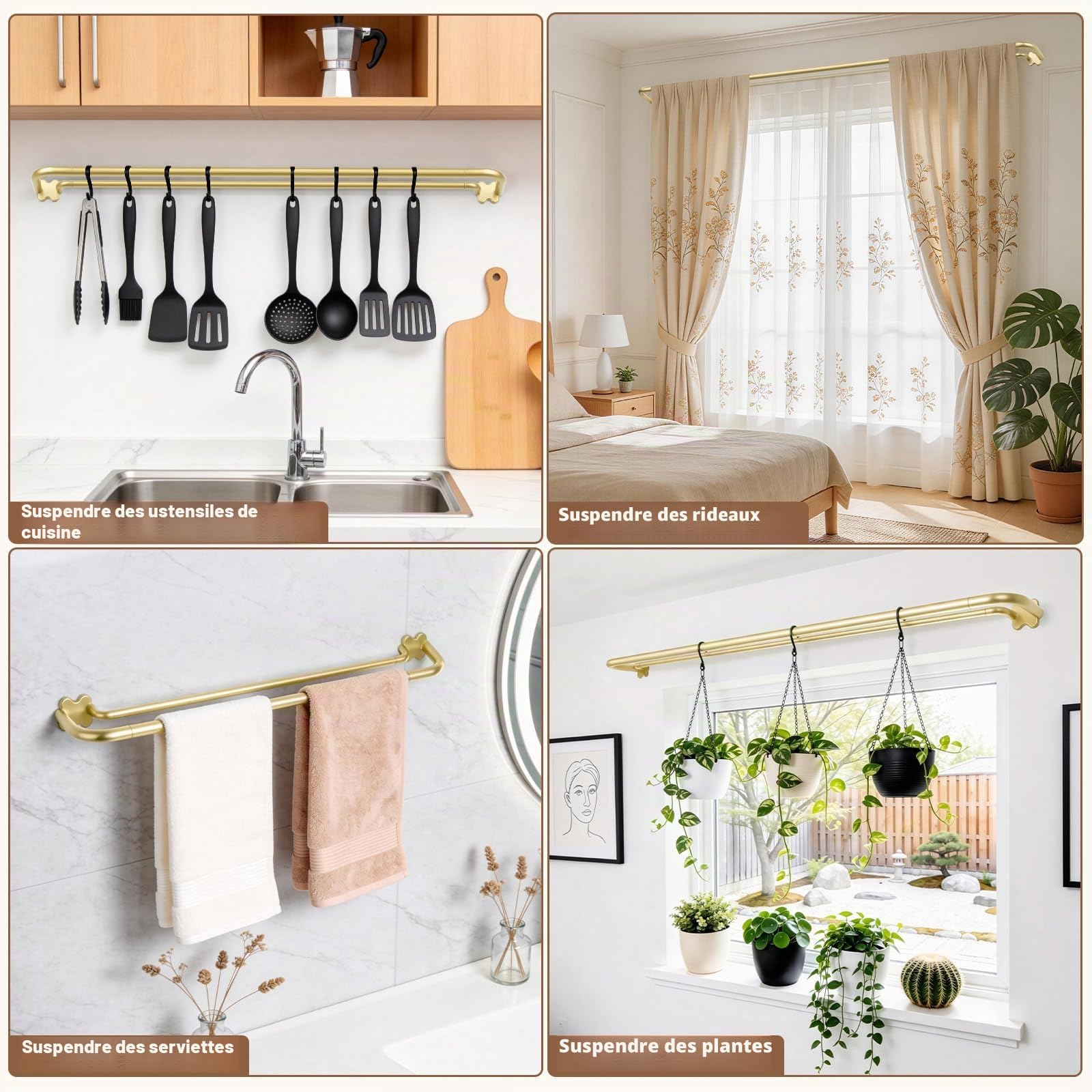 USFOOK Double Tringle a Rideaux Doré, Tringle Double Rideaux 80 à 292 cm | 19 mm Tringle Rideau Extensible, Barre de Rideaux Métal, avec Embouts Courbés, pour Rideaux Occultants, pour Cuisine