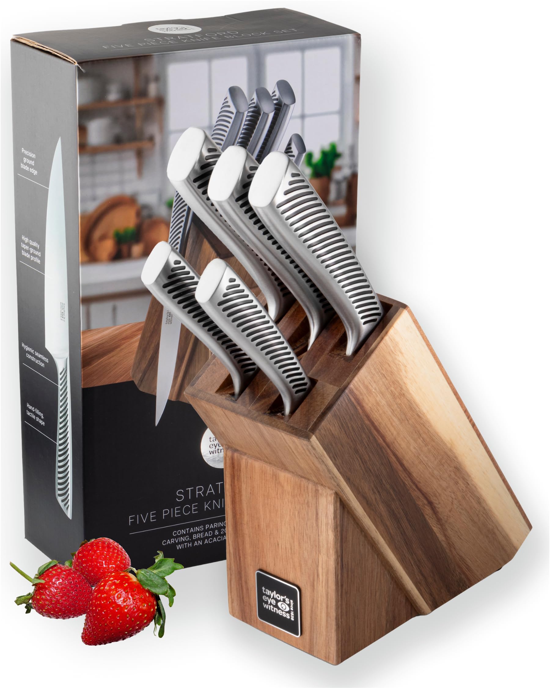 Taylors Eye Witness 5 Piece Knife Block Set – Razor Sharp Full Metal Kitchen Knives with Stylish Acacia Wood Storage. Stainless Steel Precision, Durable, Includes Paring, Chef, Bread & Carving Knives