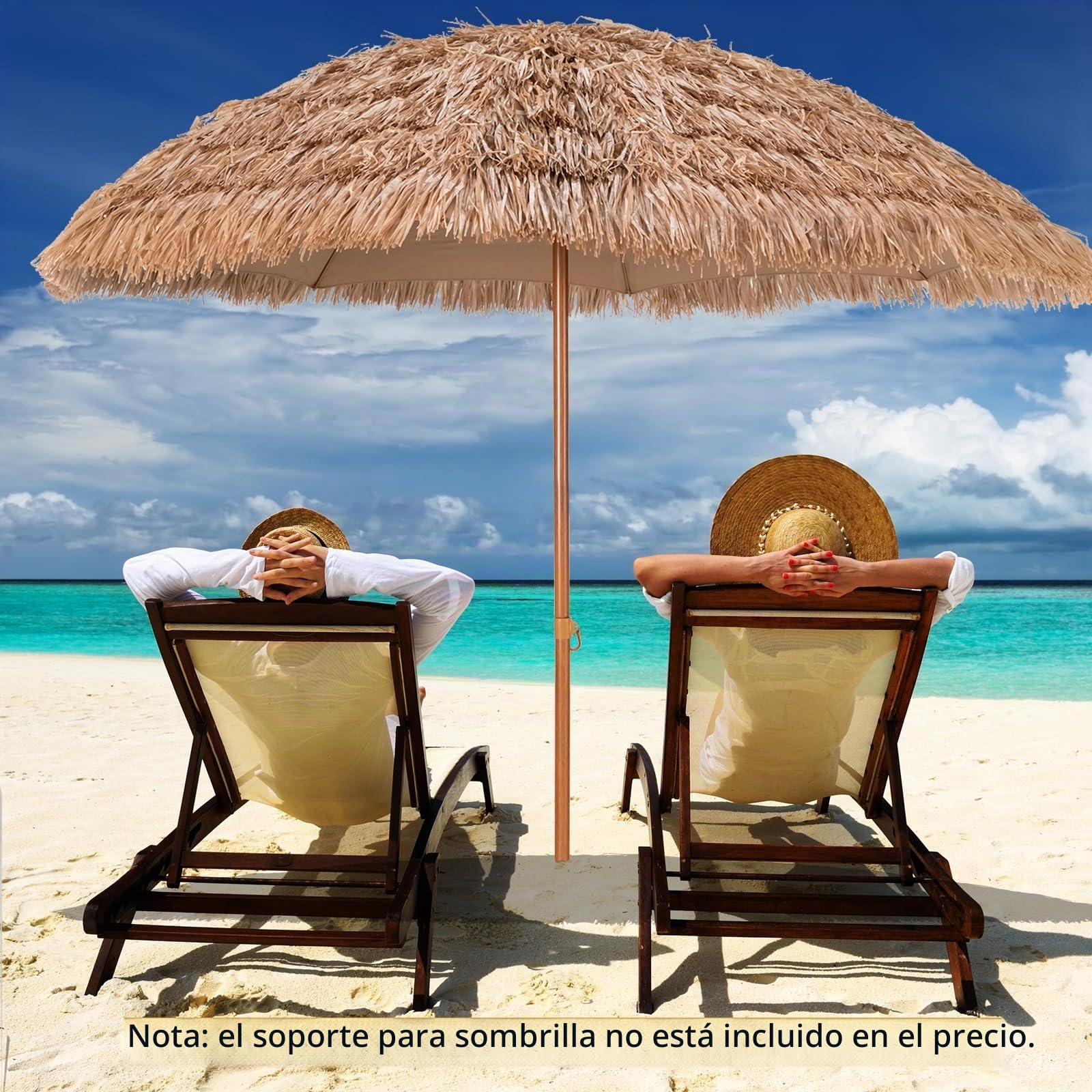 KOMFOTTEU Sombrilla Hawaiana de Paja PP Ø 205 cm de Playa | Parasol Portátil con Botón de Presión y 8 Varillas de Metal, para Jardín, Balcón, Terraza, Natural