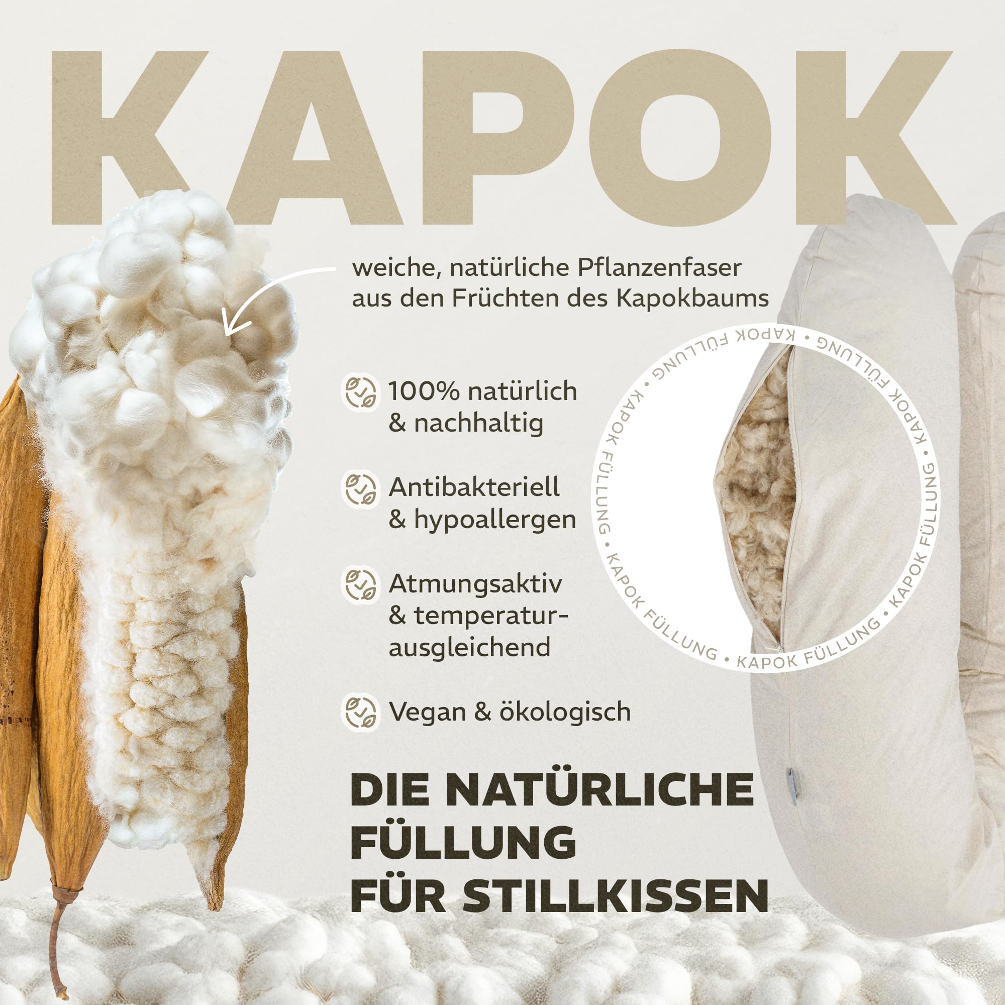 sei Design Stillkissen XXL 190x35 cm, Natur Kapok, Bezug aus Bio-Baumwolle, Schwangerschaftskissen, Füllmenge anpassbar, ergonomisch geprüft