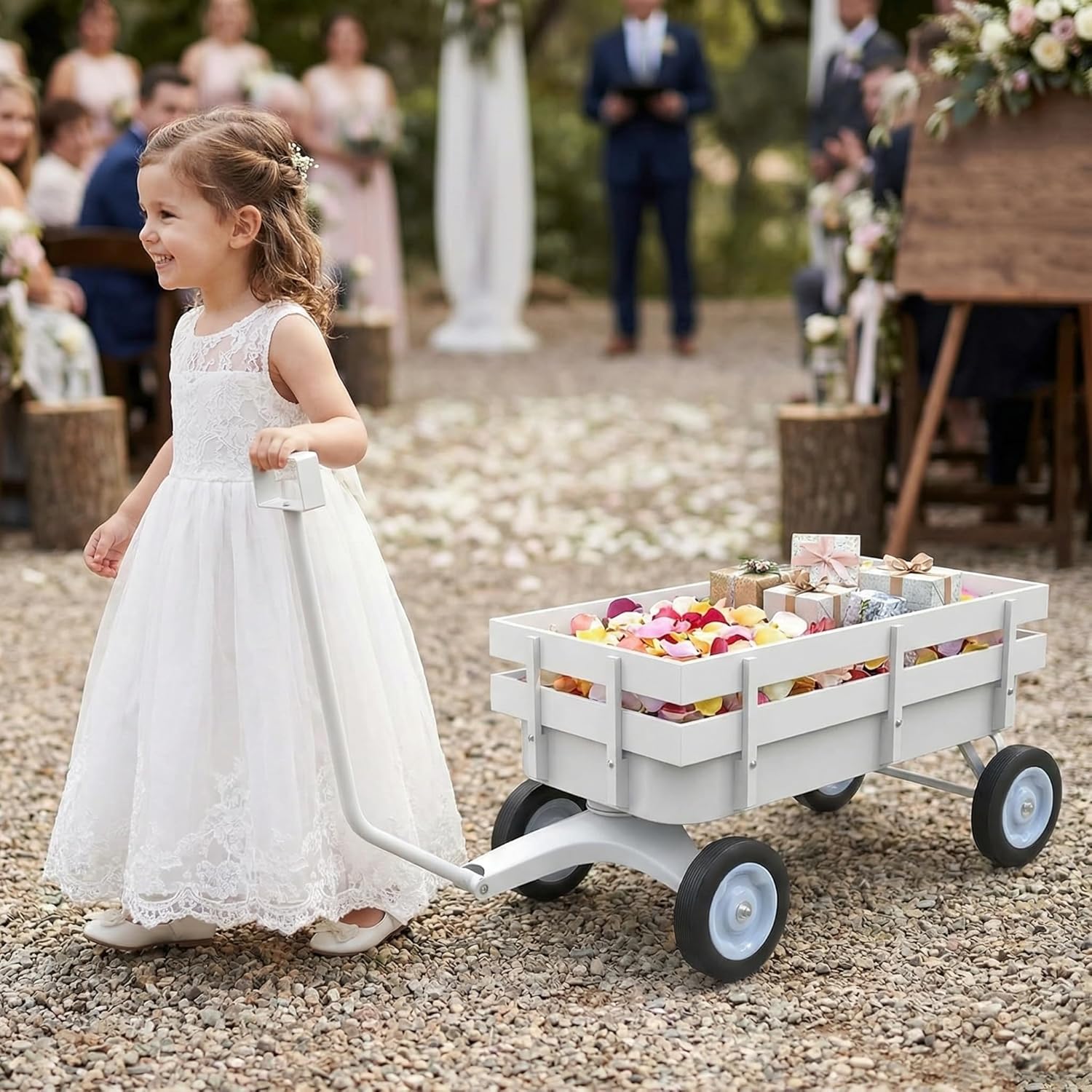 All-Terrain White Wagon Cart for Wedding Flower Girls, Heavy Duty Steel Utility Garden Cart with Handle and Removable Wooden Side Panels (White)