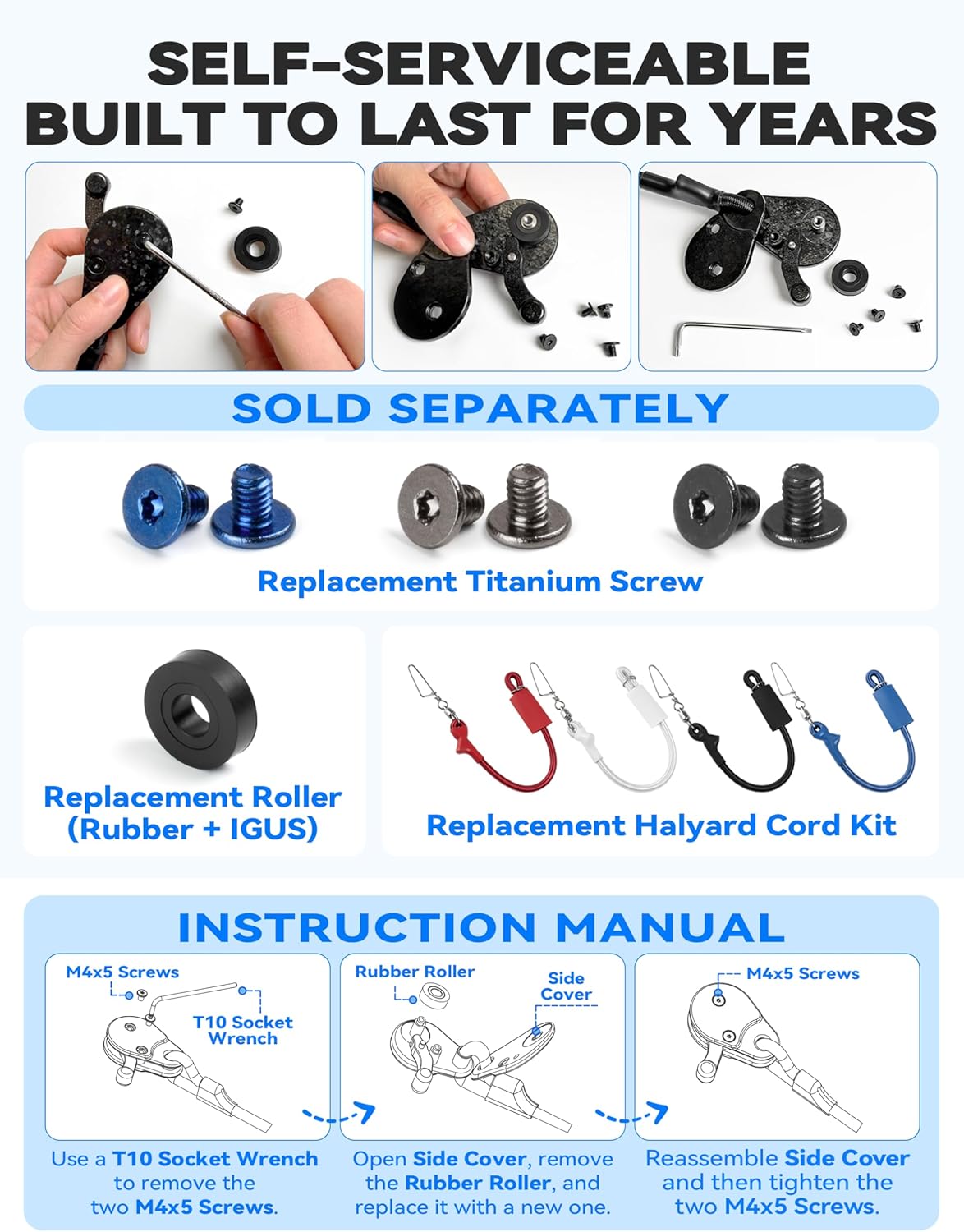 BLUEWING Self-serviceable Outrigger Line Lock Ultra Titanium Special Edition Heavy-Duty Detachable Outrigger Halyard Lock Pulley for Offfshore Fishing, Single Blue