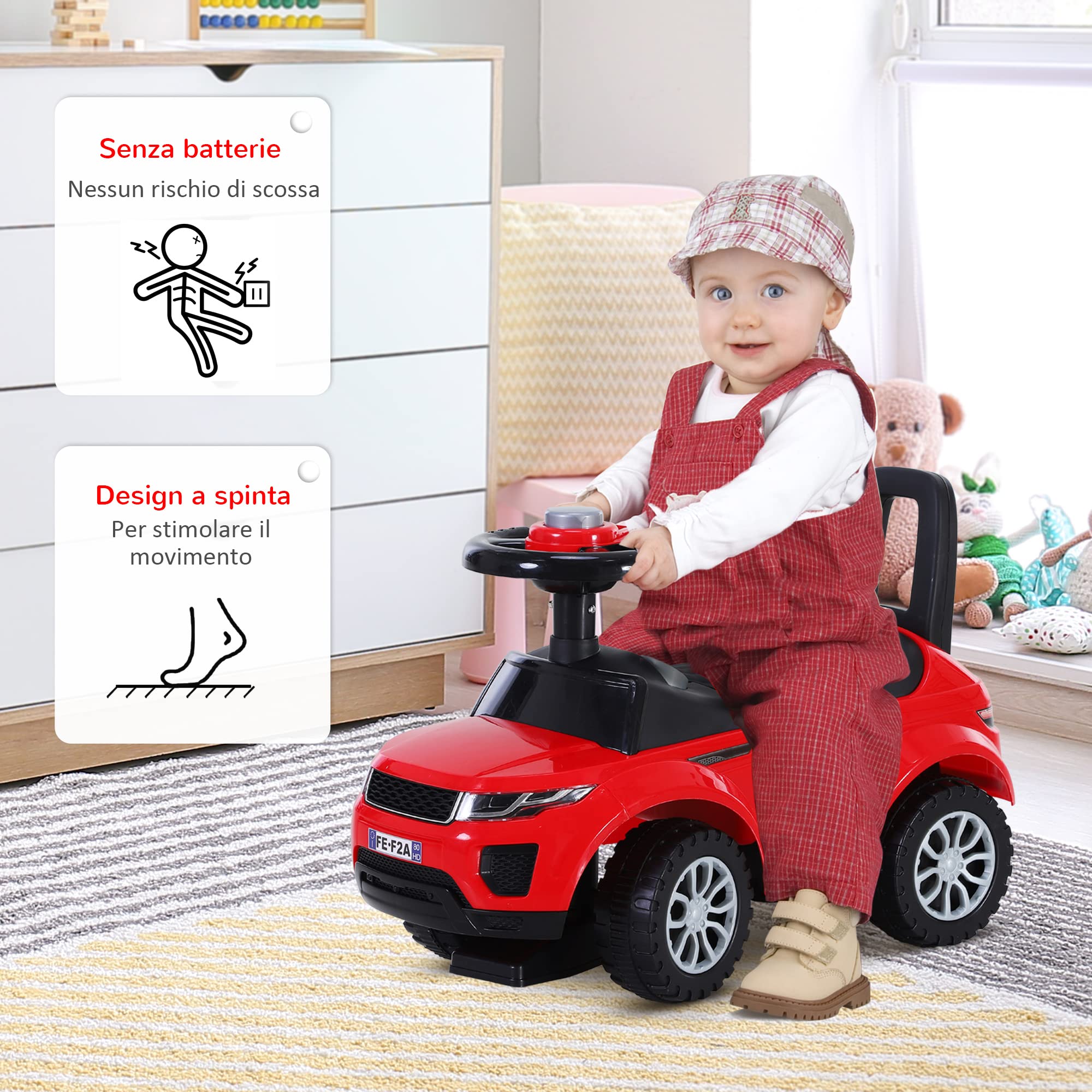 HOMCOM Macchina Cavalcabile Giocattolo per Bambini 12-36 Mesi, Macchina a Spinta con Vano Contenitore e Schienale, Rossa
