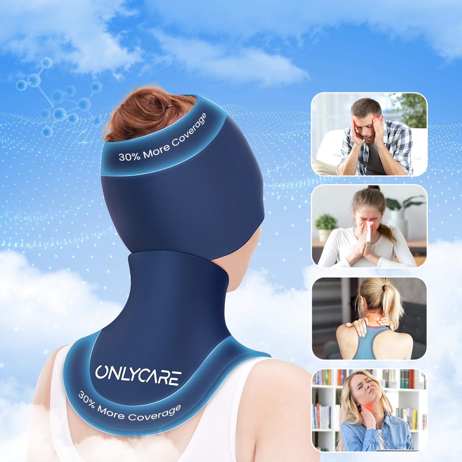 ONLYCARE Juego de gorro de alivio de migraña y paquete de hielo para el cuello, tapa de alivio del dolor de cabeza mejorada y bolsa fría de hombro, compresa caliente y fría, alivio del dolor