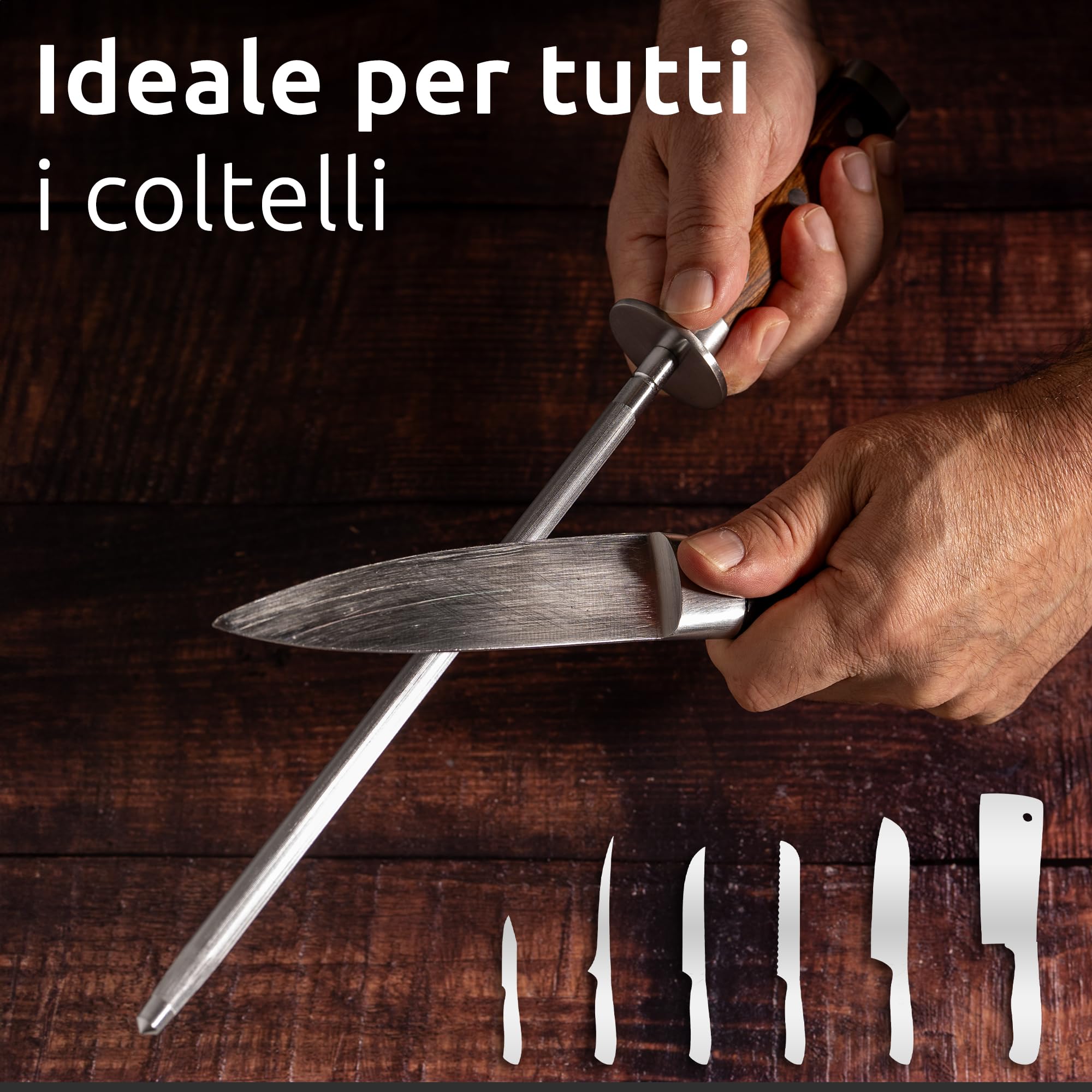 ECENCE Acciaino Affilacoltelli, Affilatore professionale di coltelli in acciaio inossidabile (65HRC), asta di affilatura con impugnatura in legno, 39cm Argento