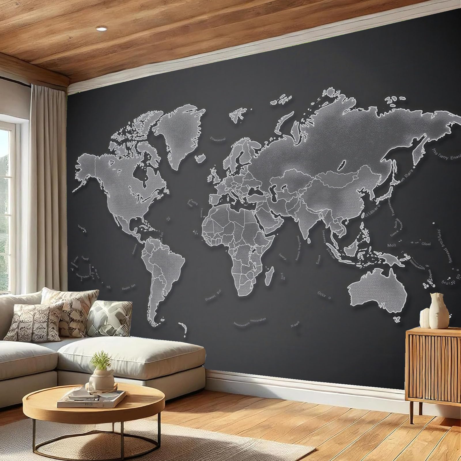 SMBHIAON Modern Minimalist Map Mural Wallpaper,World Map Outline Panoramic Wallpaper, Wall Mural Decoration Poster 400 × 280 Cm Murals for Living Room Bedroom Hallway, Grey — image 1