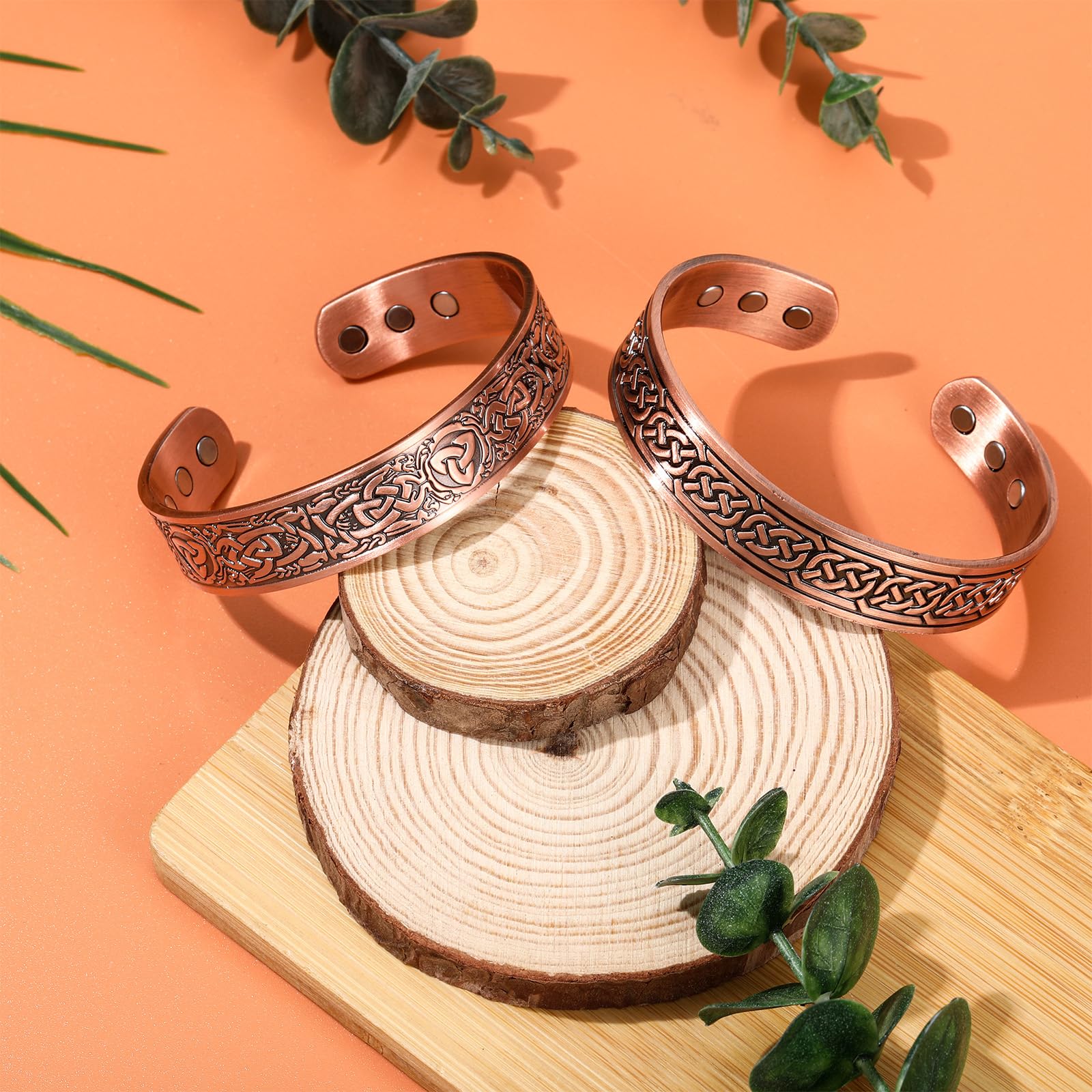2 Pulseras Magnéticas de Cobre Ajustable de 3500 Gauss con 9 Imanes, Brazalete Sólido con Diseño de Árbol y Celta 2 Estilos(Patrón)