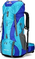 Vista 9 de Mochila de senderismo para hombres y mujeres, 70L+5L, impermeable, ligera, mochila de camping con cubierta de lluvia, sin marco, Negro-b, Mochila
