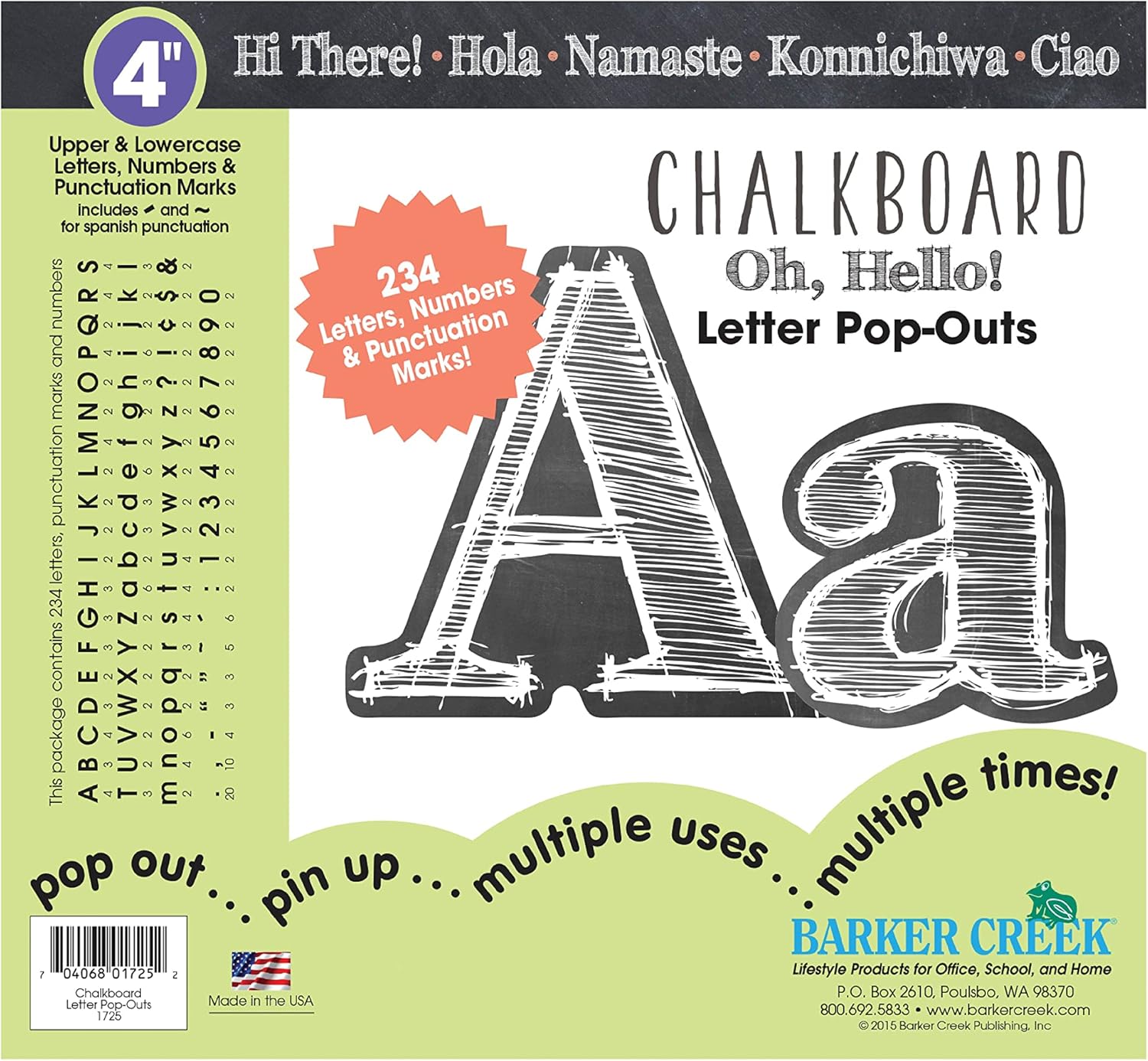 Barker Creek 234-Piece Chalkboard Letter Pop-Outs, Multicolor 4” Letters, Numbers & Punctuation Marks for Classrooms, Offices, Presentations, Home and More (1725)