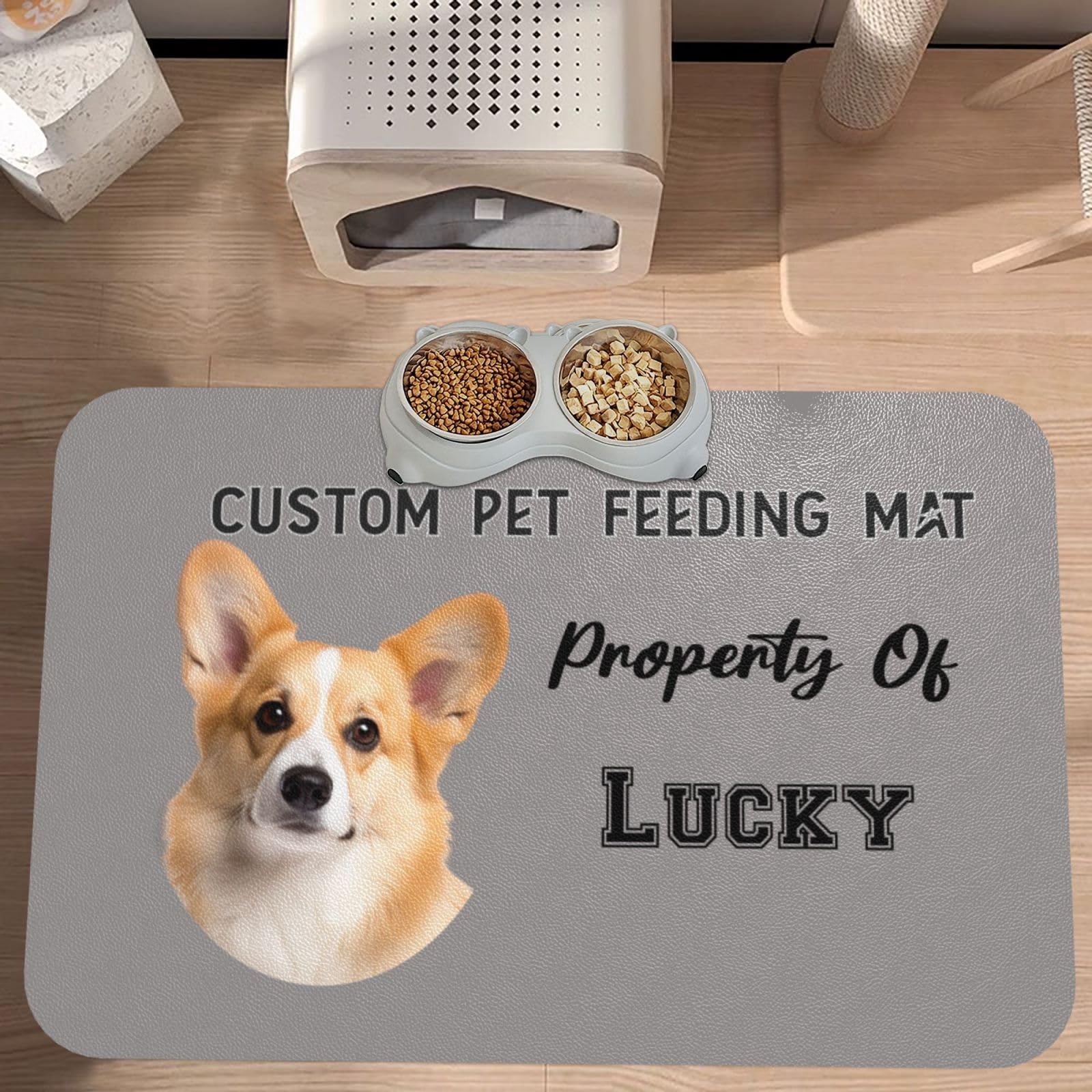 Tappetino per l'alimentazione degli animali domestici, tappetino personalizzabile per cibo per cani e gatti con foto e testo del nome, in pelle PU assorbente con retro in gomma antiscivolo