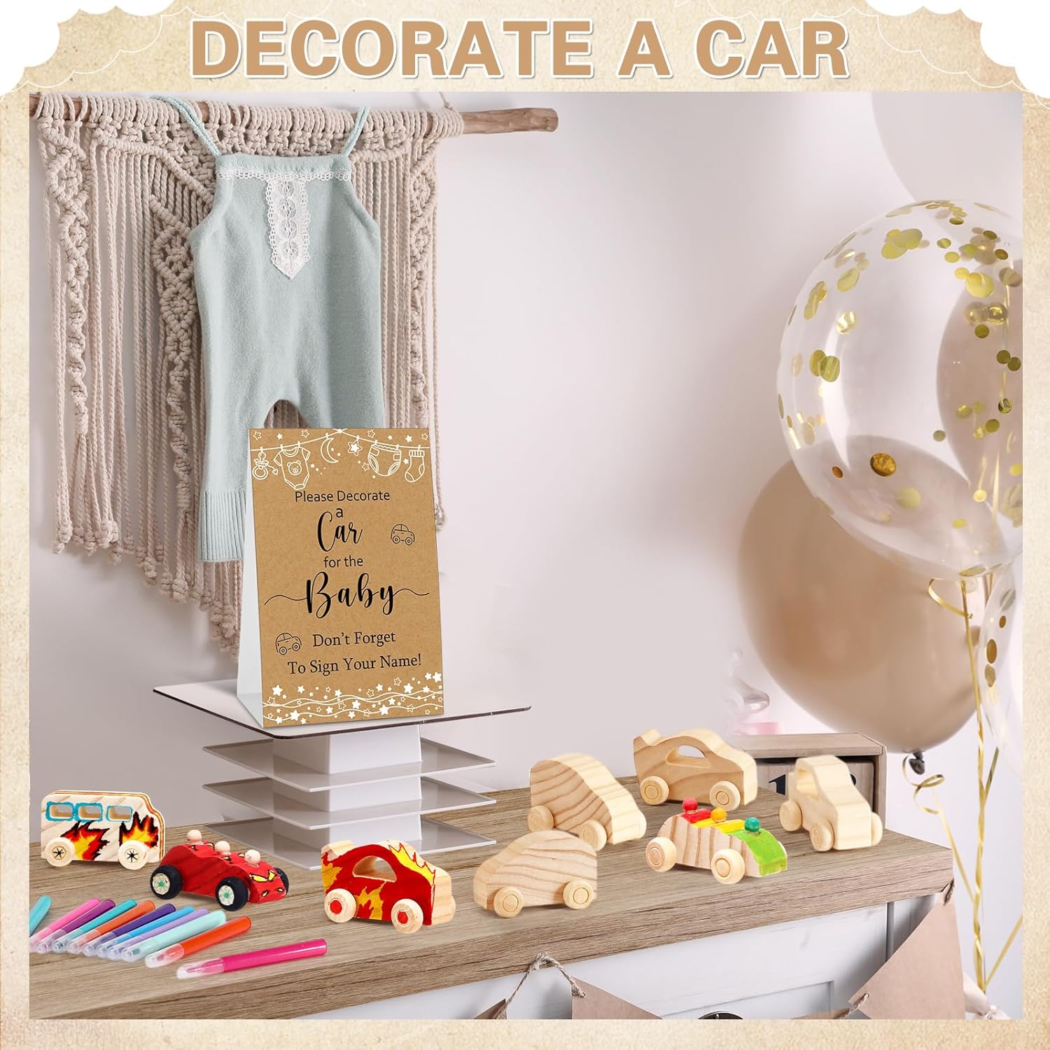 Hiboom 75 Pcs Baby Shower Wood DIY Car Set Includes 50 Unfinished Wooden Car Block to Paint 24 Makers 1 Game Sign for Decorate Gift Block Game 10 Style(Brown,Simple Drawing)