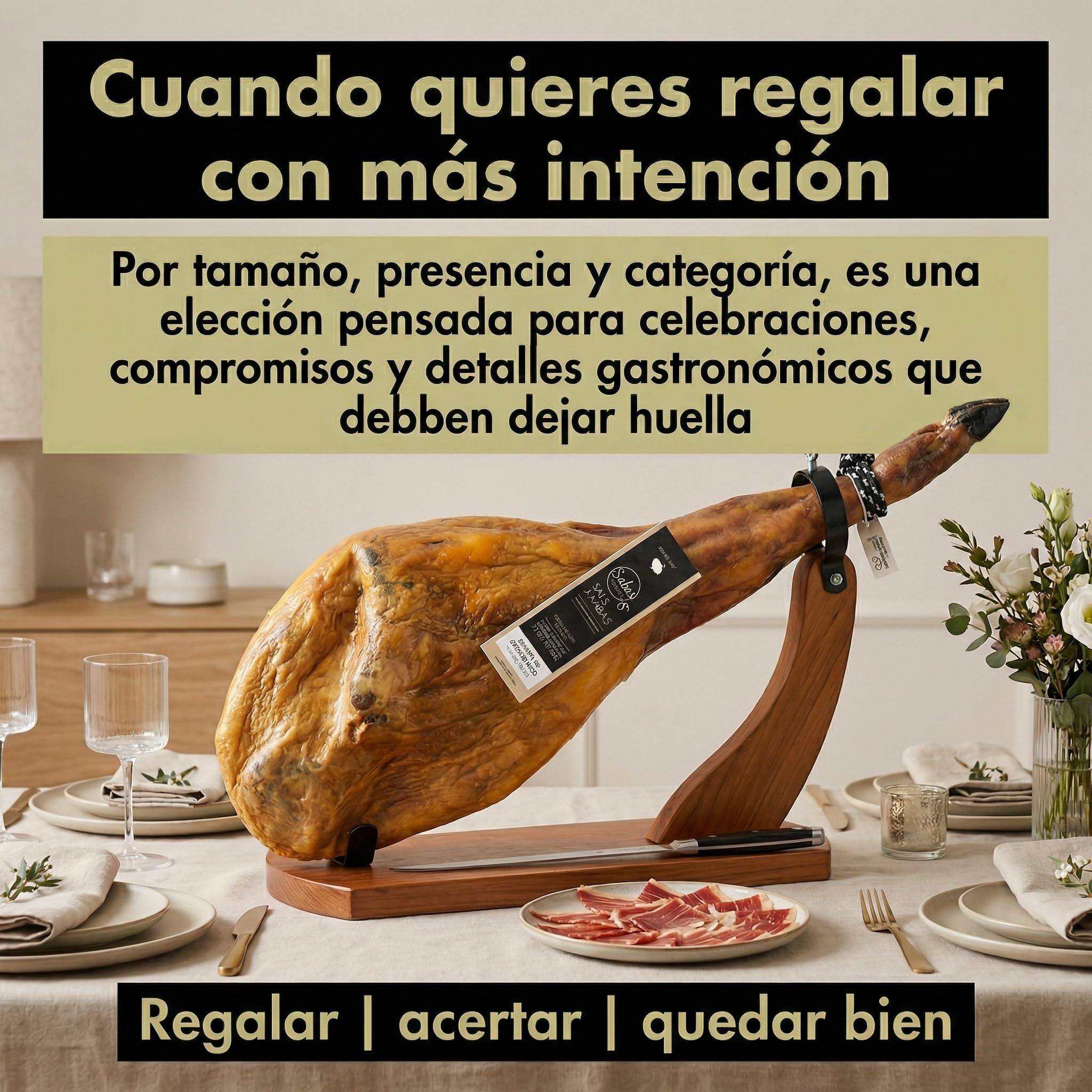 SABE A SABAS Jamon Iberico de Cebo 50% Raza Iberica Pieza Entera 8-9 kg Curacion Bodega Natural Mas de 30 Meses Sin Gluten Jugoso Gourmet Regalo Celebracion Aperitivo Navidad Tabla