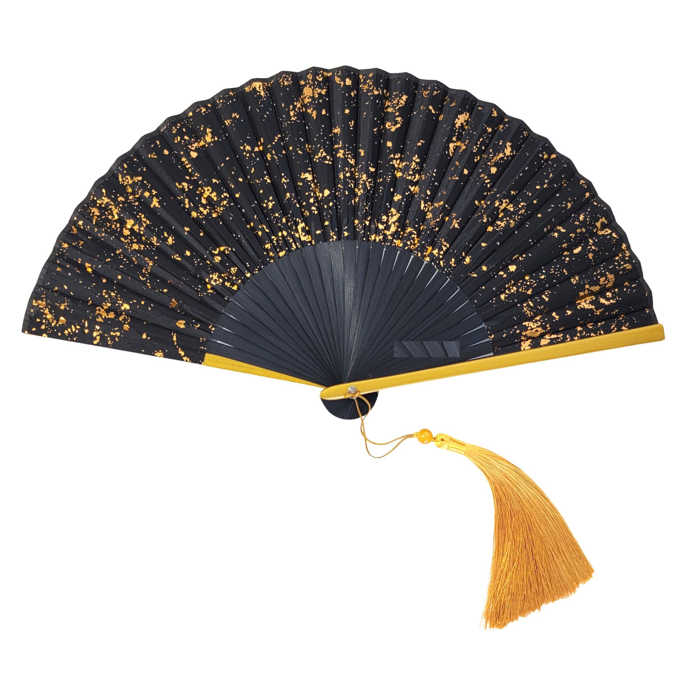 GFM® Bamboo Silk Handheld Folding Hand Fan for Summer, Wedding, Party Favour -Gold Splash-(MR-E) (FLSLK-F25-02-SN)