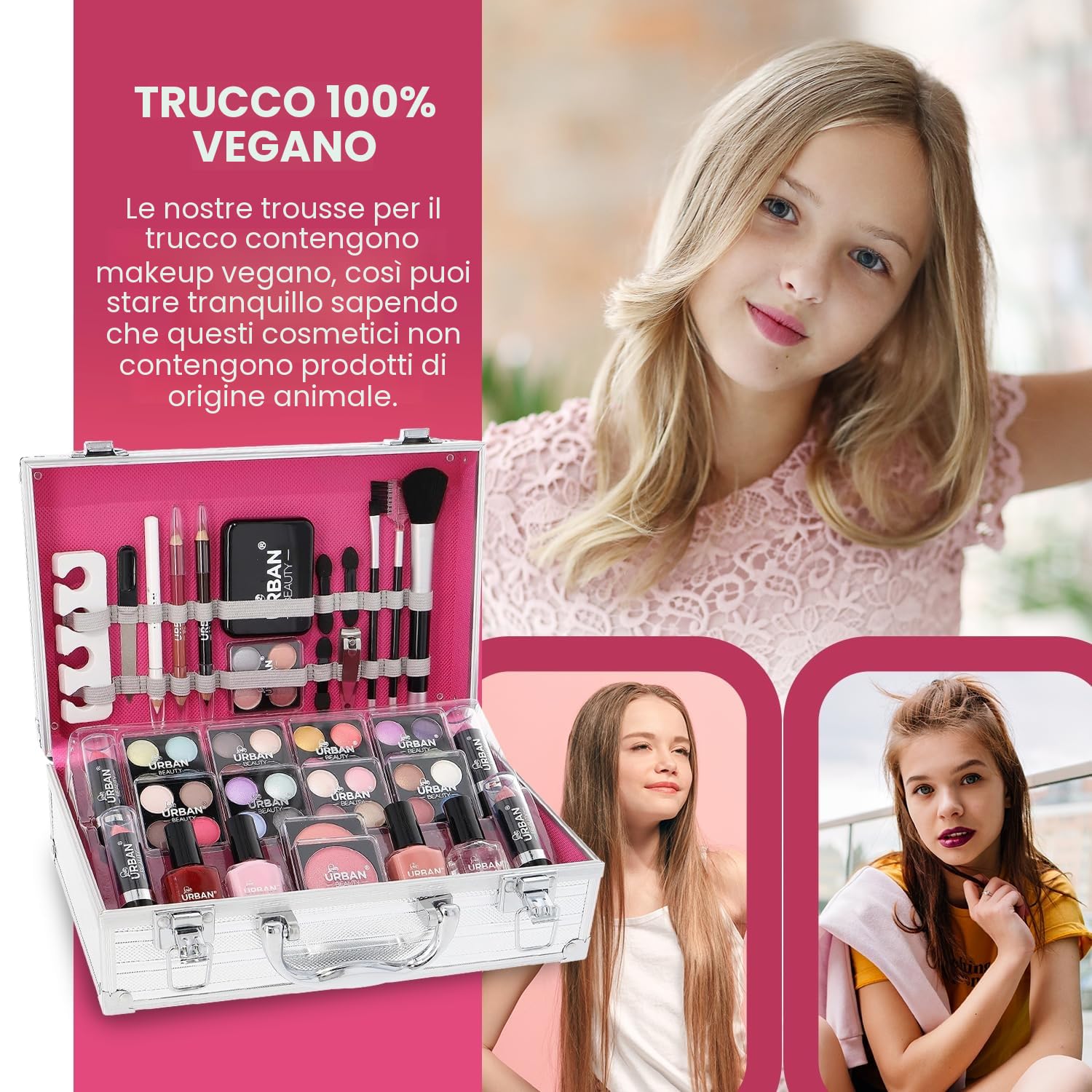 LOVE URBAN BEAUTY Trousse per trucchi – Set trucco da 64 pezzi per adolescenti – Elegante scatola d'argento – Design compatto e leggero – Set trucco da donna adatto ai viaggi