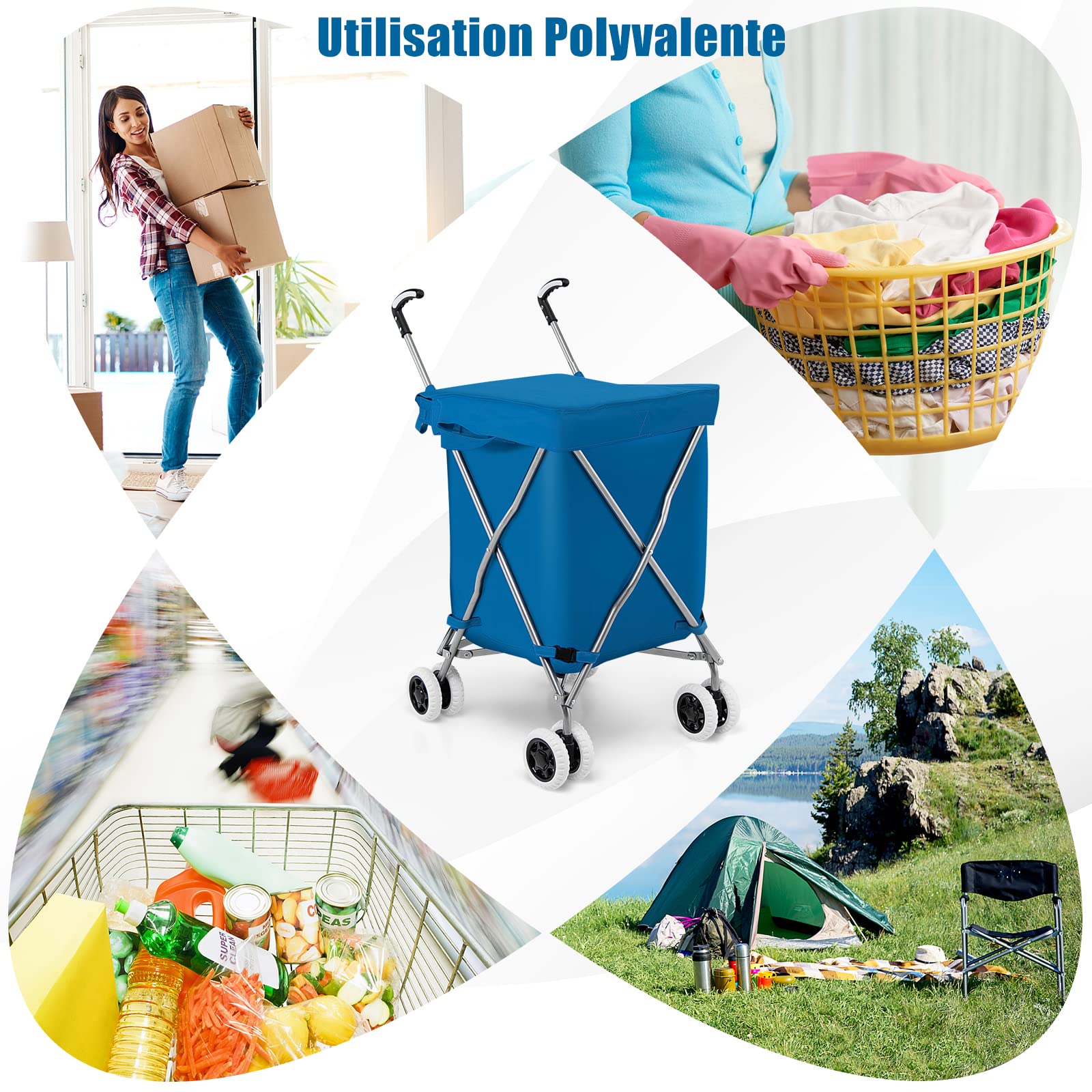 GYMAX Chariot de Courses Pliable, Caddie de Courses en Métal avec Sac 90L, Charge 55KG, Chariot à roulettes Portables pour Shopping/Supermarché/Camping